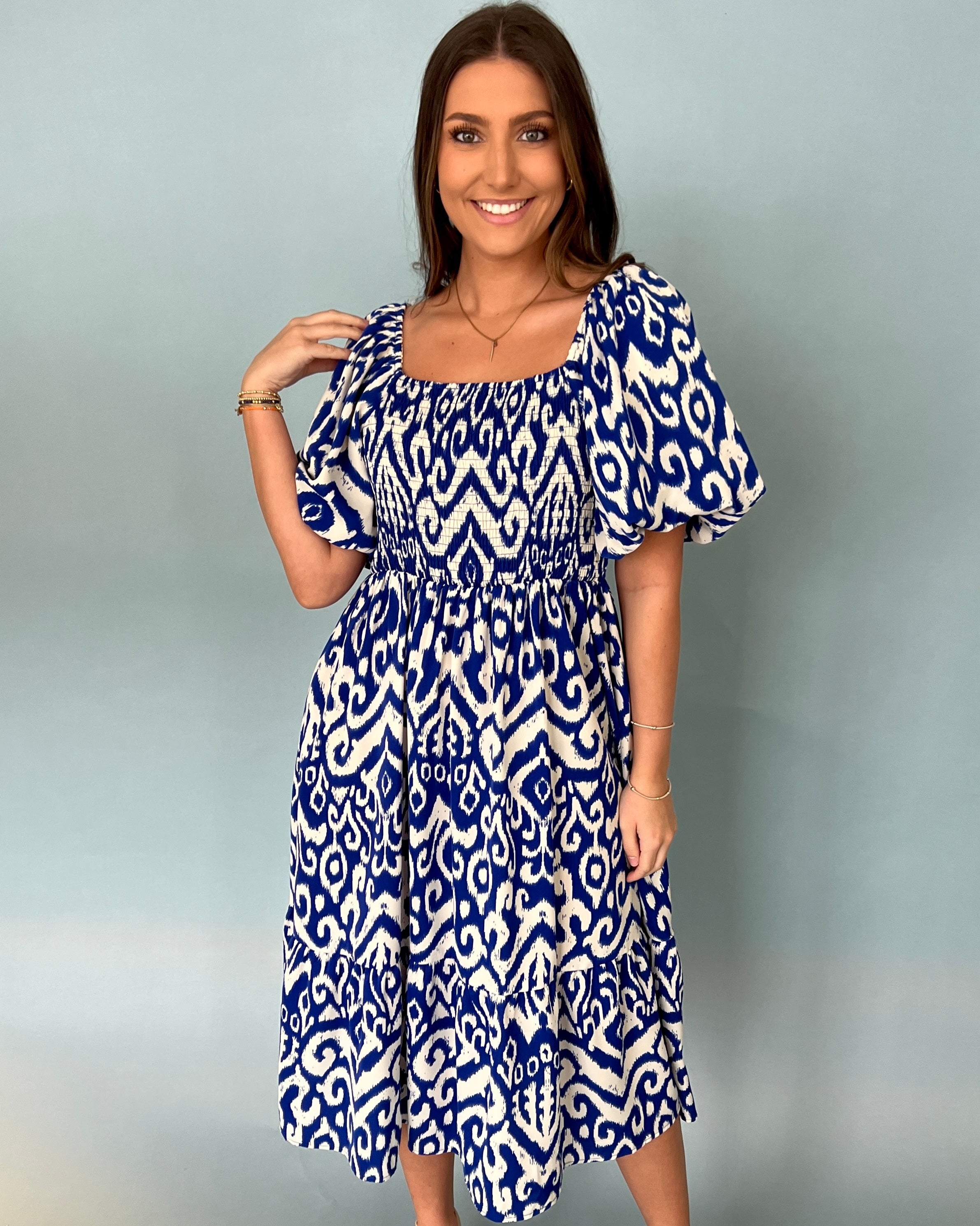 Coming Around Royal Printed Midi Dress-Shop-Womens-Boutique-Clothing