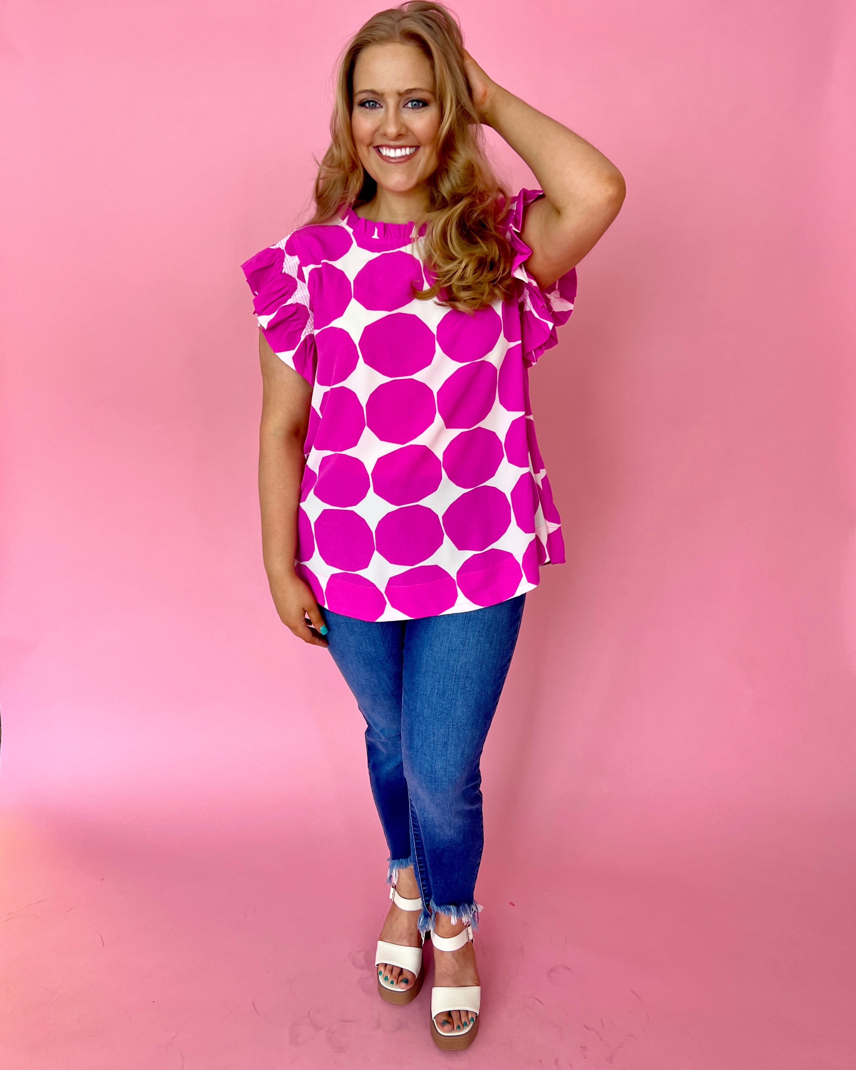 Starting Today Hot Pink Plus Large Dot Print Ruffle Top-Shop-Womens-Boutique-Clothing