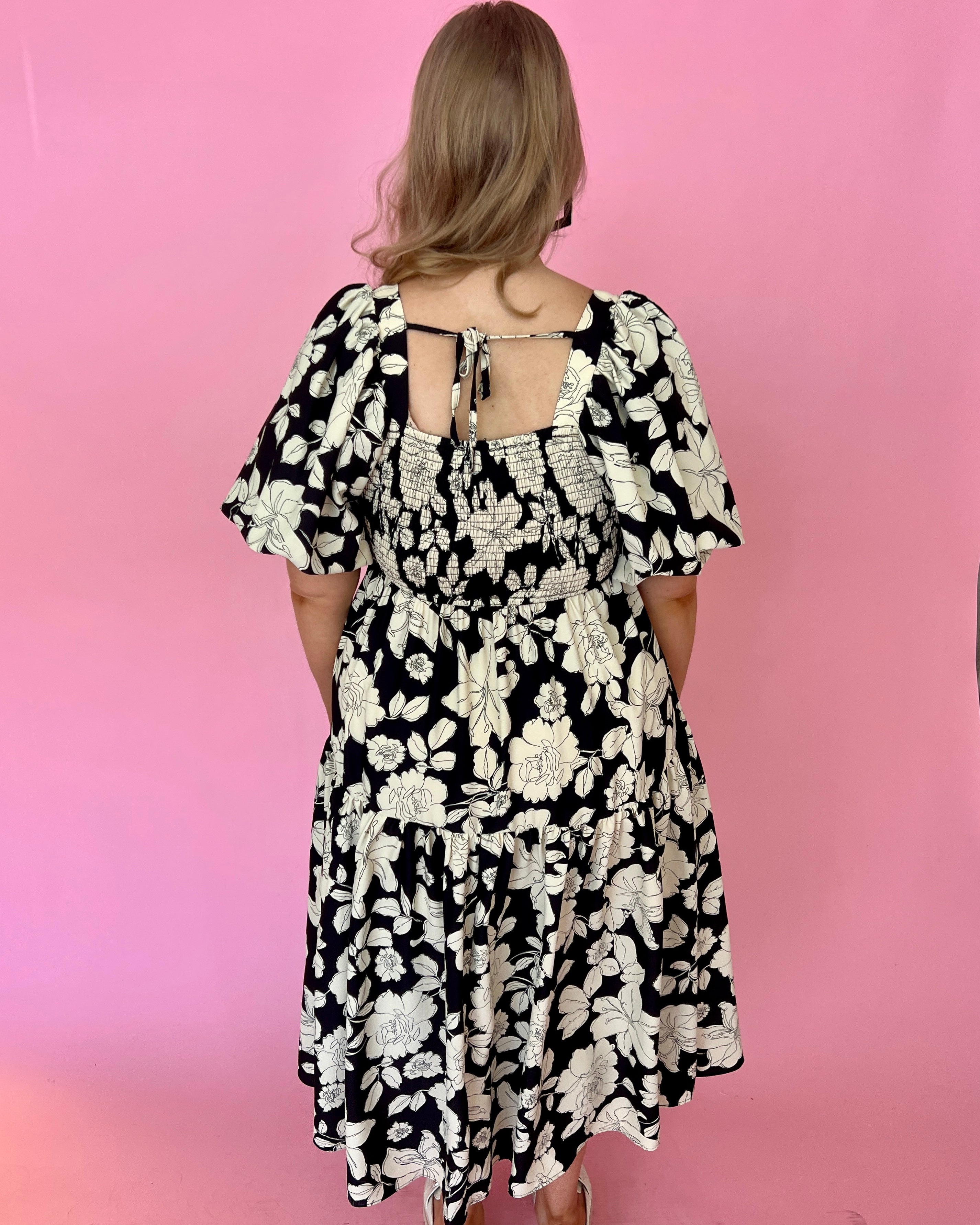 Kind Gesture Black Plus Floral Puff Sleeve Tiered Dress-Shop-Womens-Boutique-Clothing
