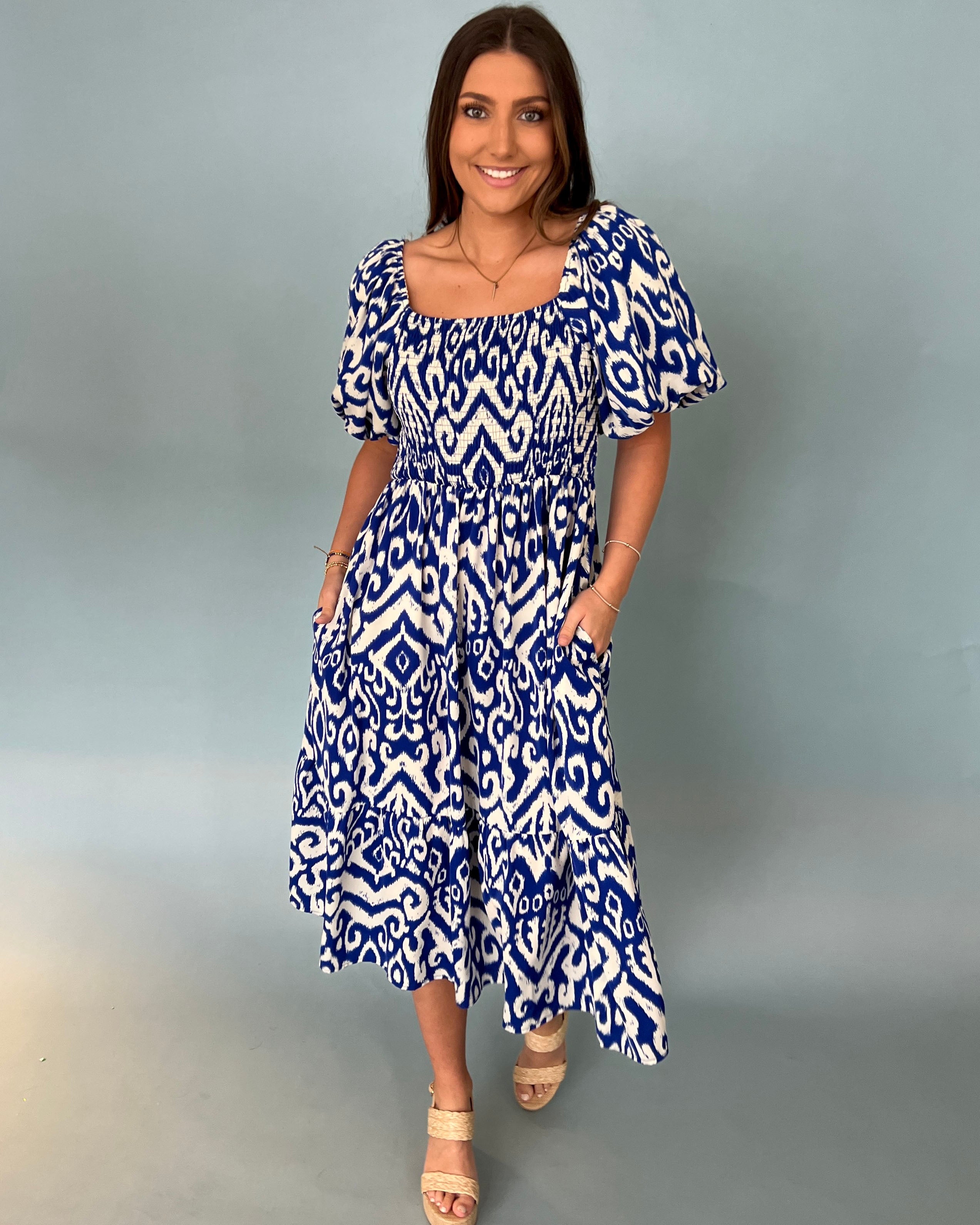 Coming Around Royal Printed Midi Dress-Shop-Womens-Boutique-Clothing