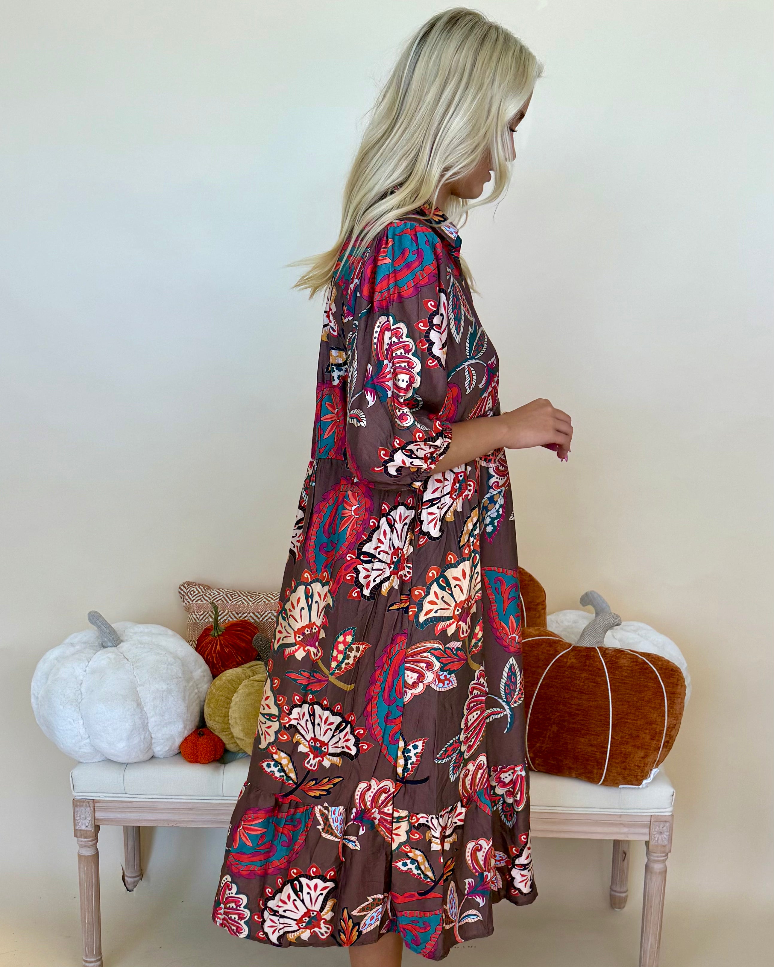 Harp On It Brown Paisley Midi Dress-Shop-Womens-Boutique-Clothing