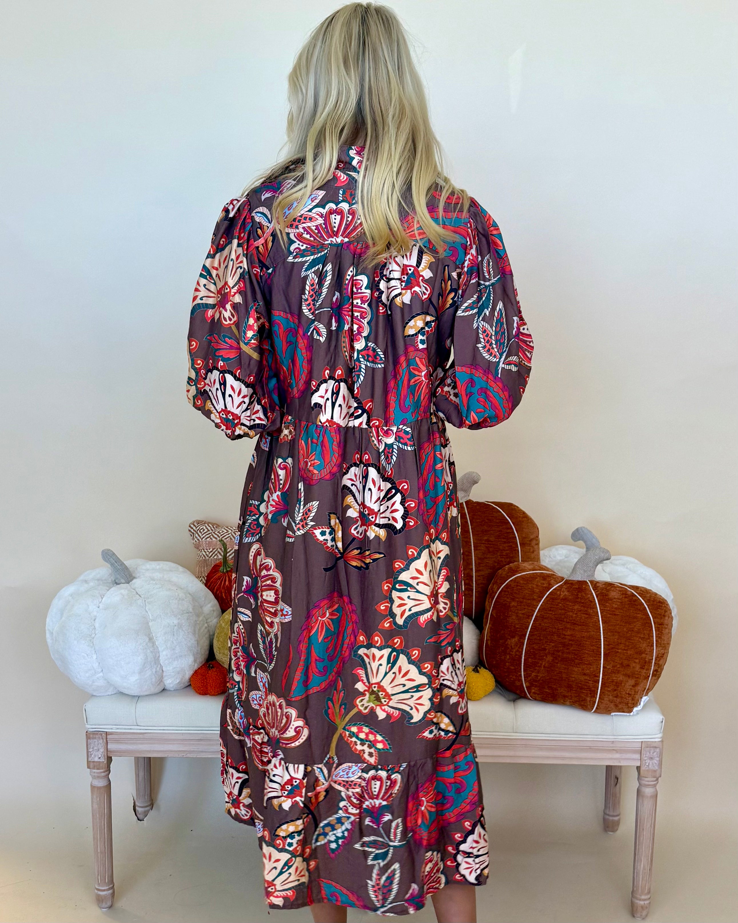 Harp On It Brown Paisley Midi Dress-Shop-Womens-Boutique-Clothing