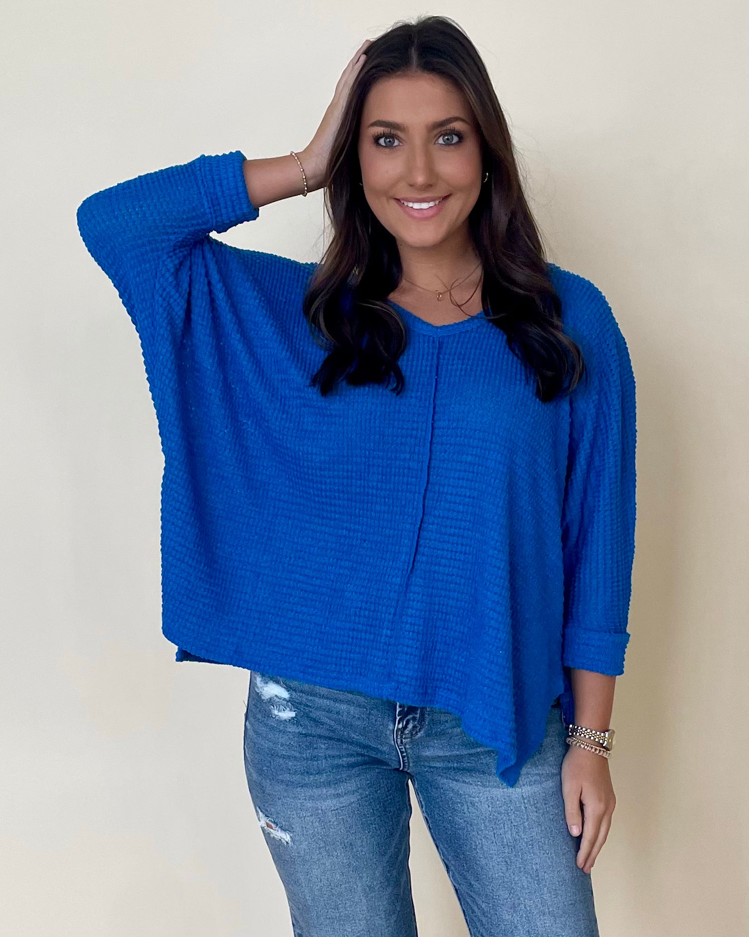 Casual Ease Ocean Blue Jacquard Sweater-Shop-Womens-Boutique-Clothing