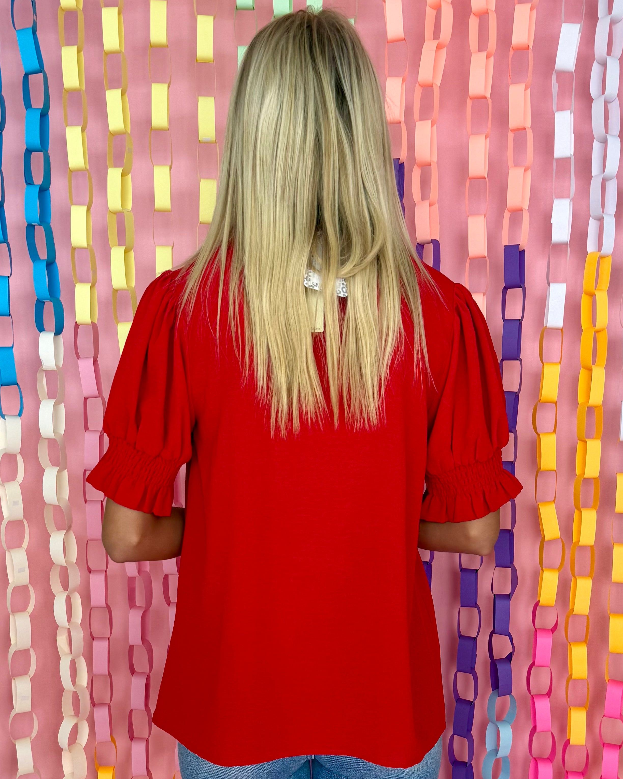 Work Of Art Tomato Red Smocked Frill Top-Shop-Womens-Boutique-Clothing