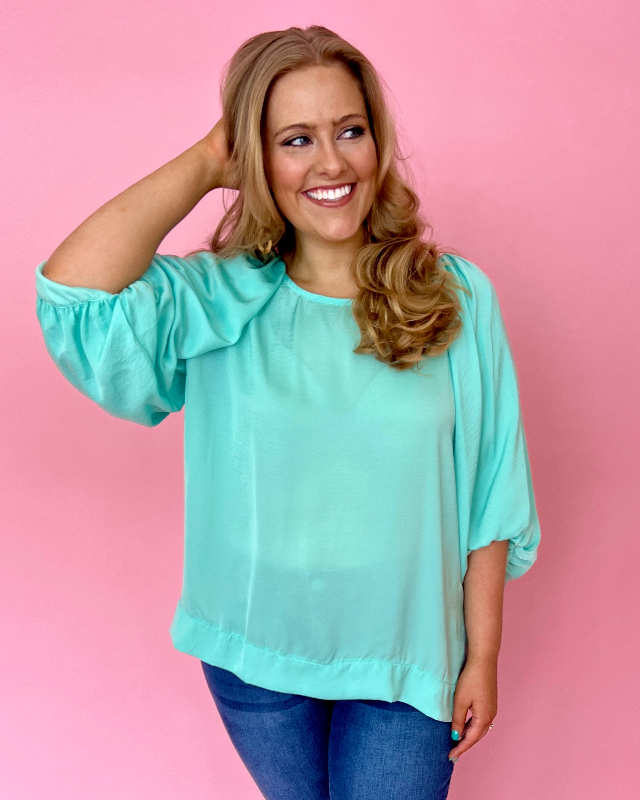 Lucky Me Ice Mint Plus Satin Balloon Sleeve Top-Shop-Womens-Boutique-Clothing