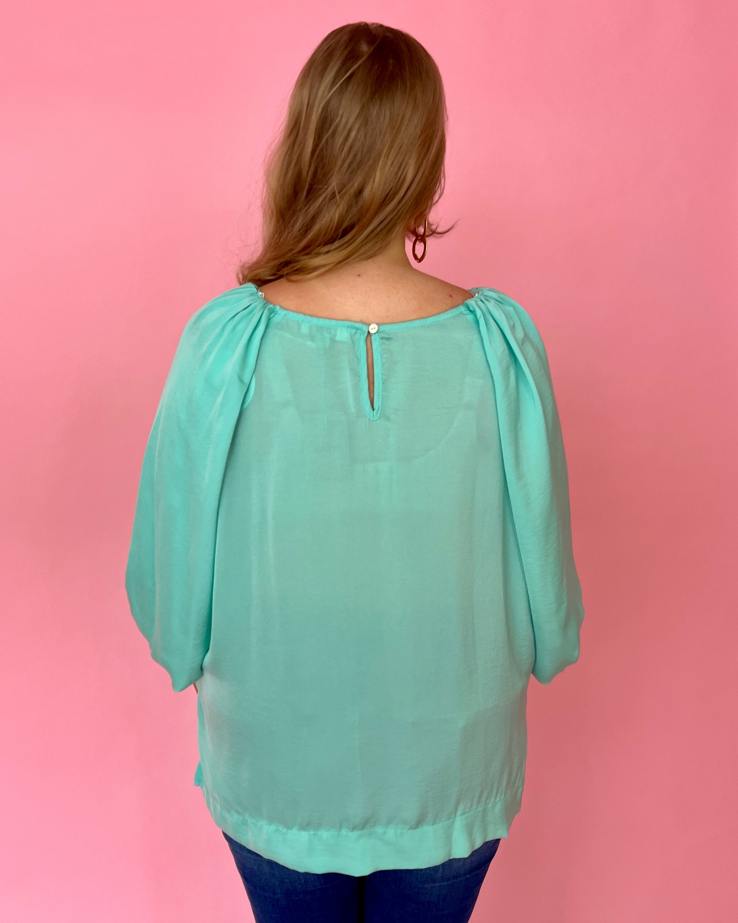 Lucky Me Ice Mint Plus Satin Balloon Sleeve Top-Shop-Womens-Boutique-Clothing