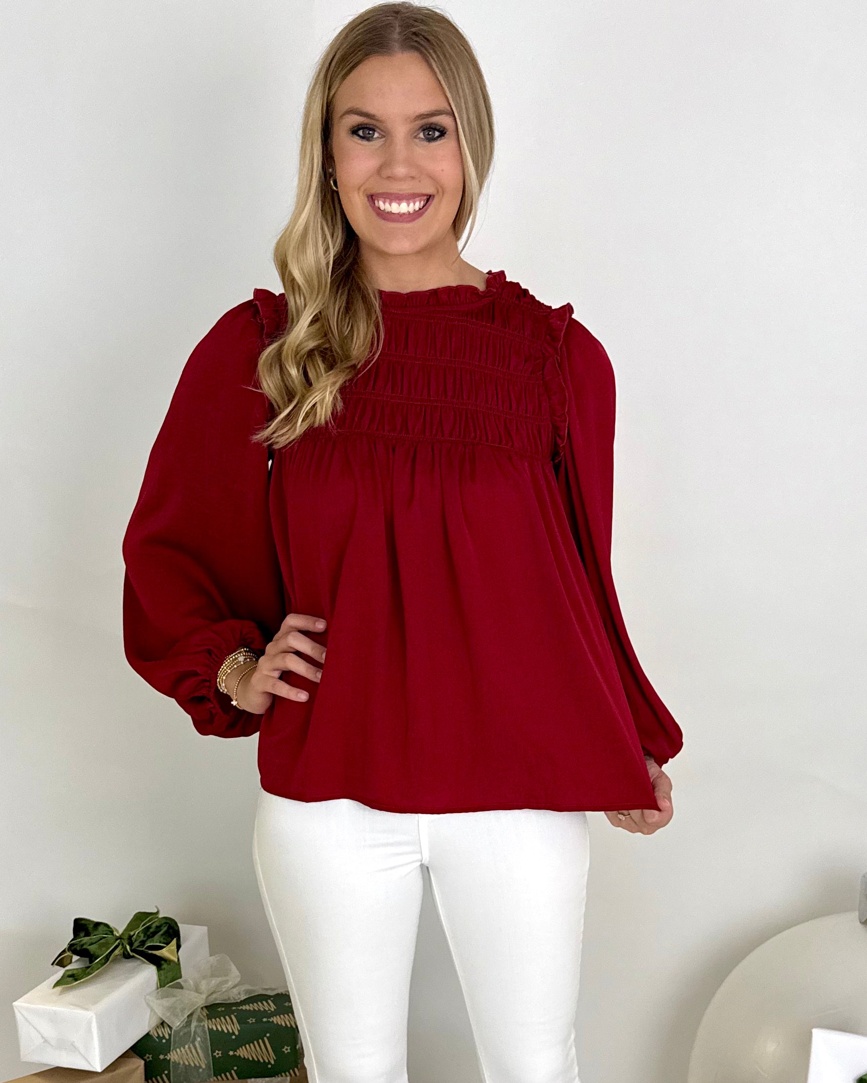 Take Me Back Wine Satin Smocked Top-Shop-Womens-Boutique-Clothing