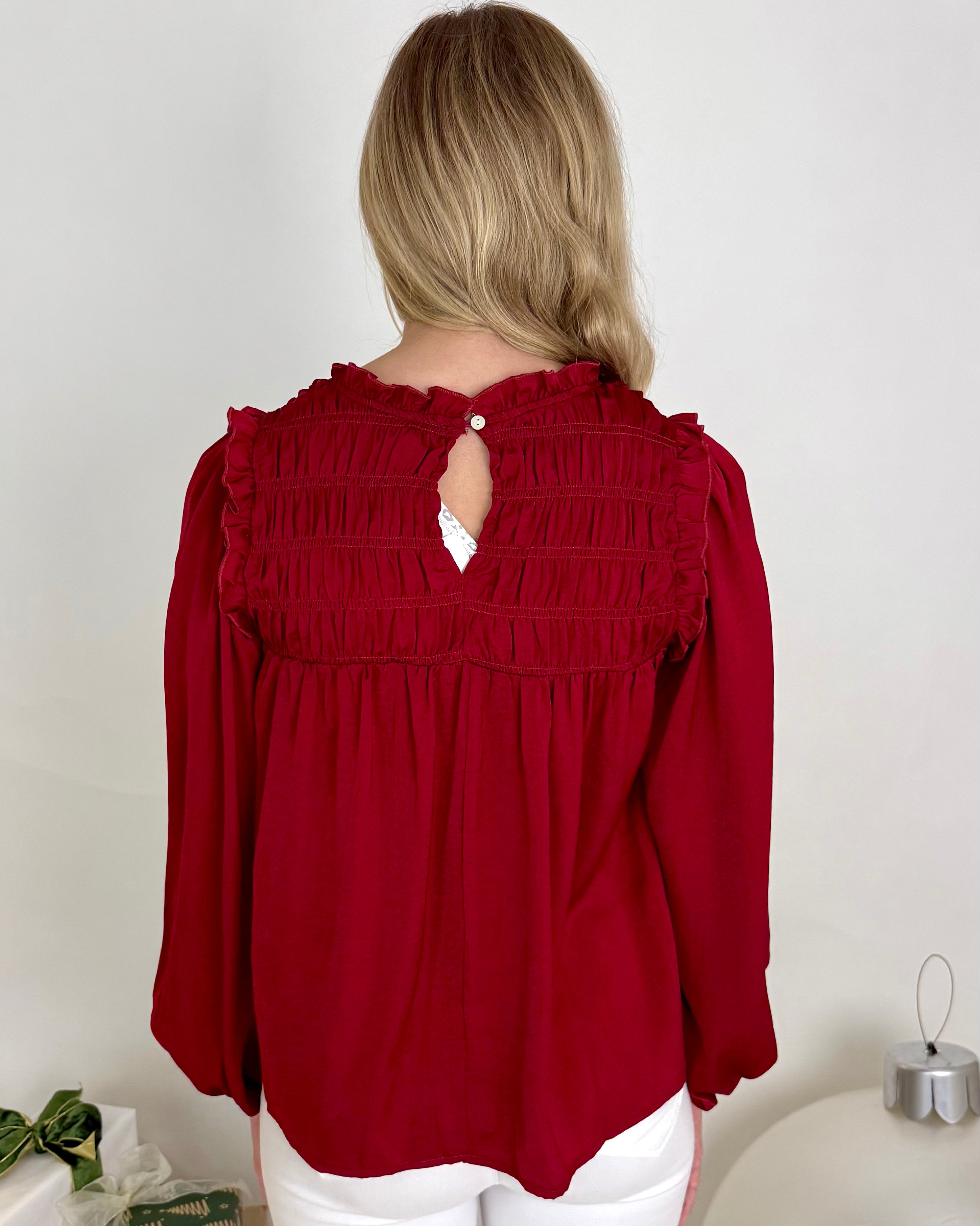 Take Me Back Wine Satin Smocked Top-Shop-Womens-Boutique-Clothing