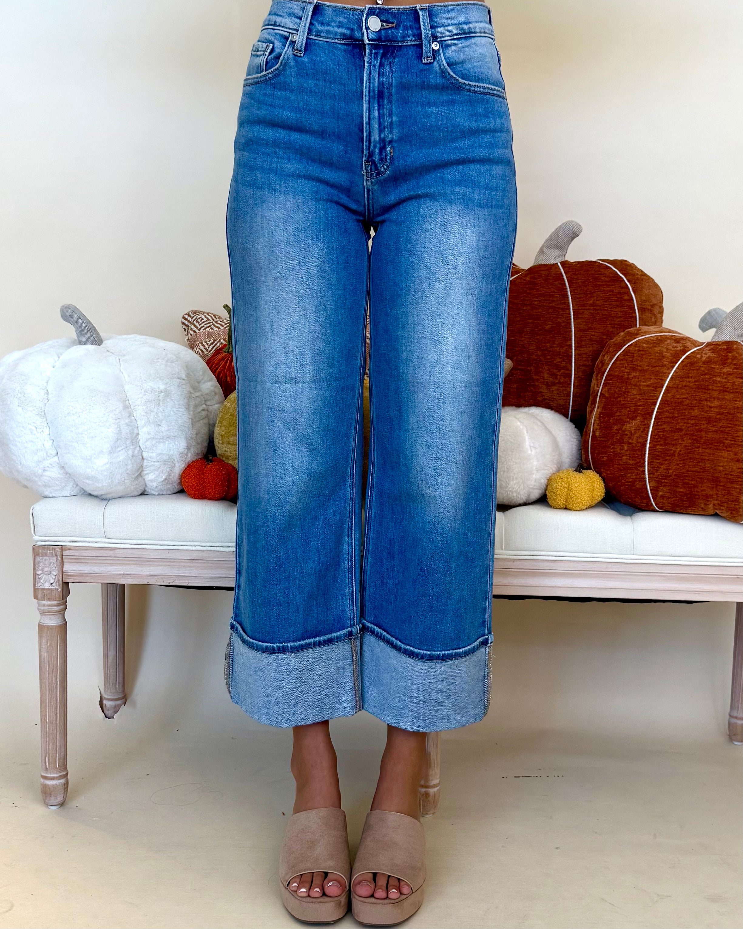 Chai Time Medium Denim Cuffed Wide Leg Jean-Shop-Womens-Boutique-Clothing