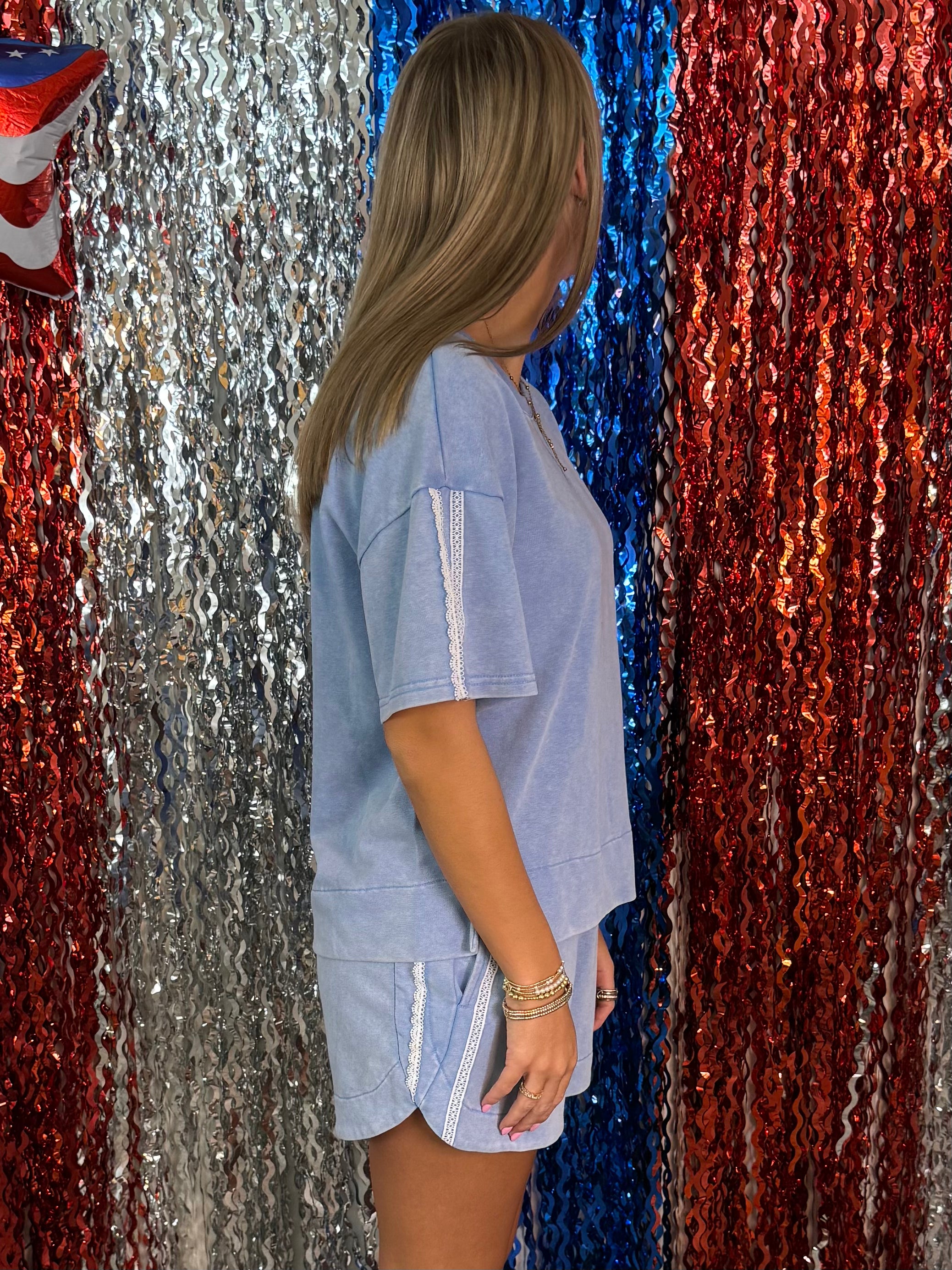 Making Waves Blue Short Sleeve Lace Detail Set-Shop-Womens-Boutique-Clothing