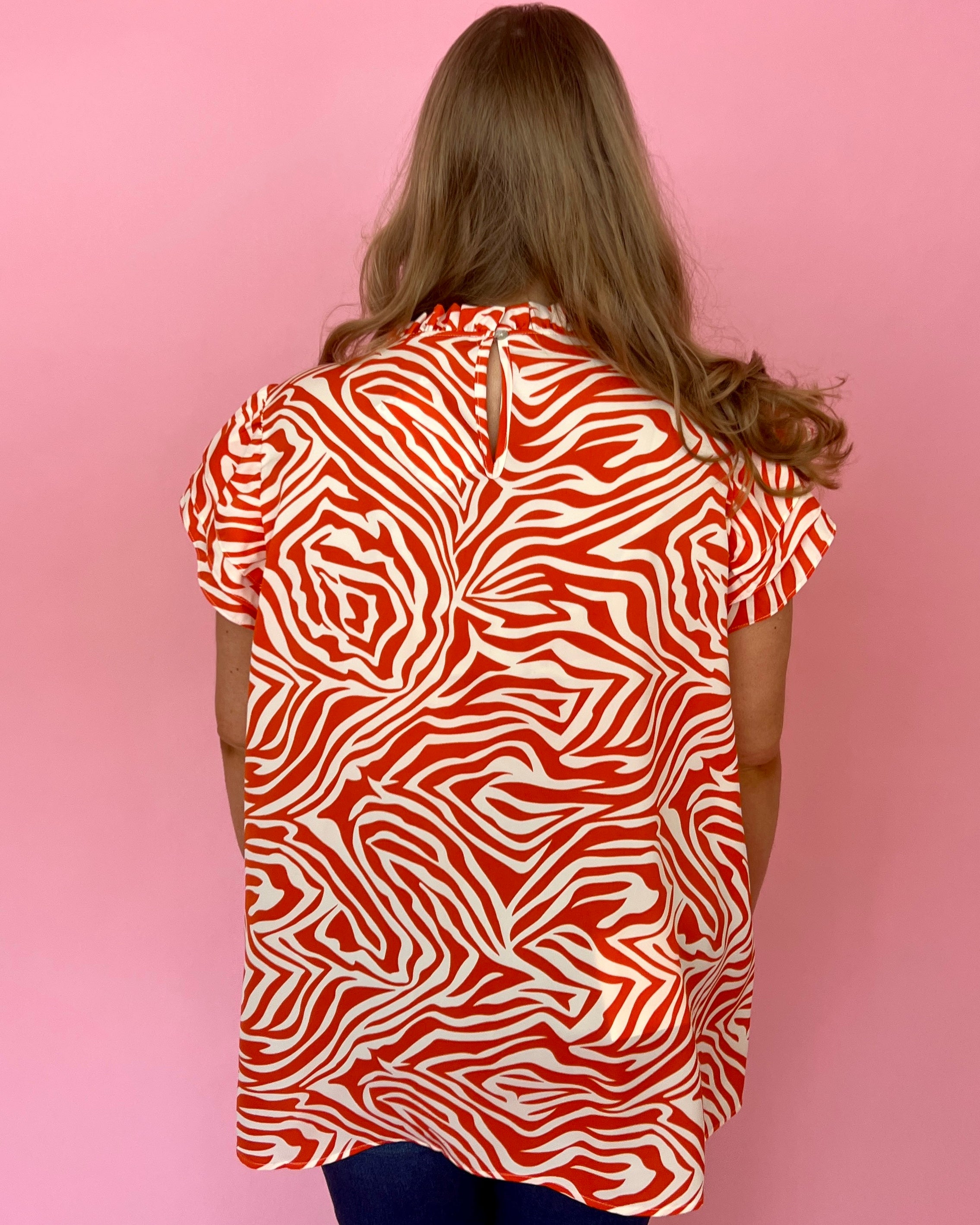 Ready To Go Orange Plus Zebra High Neck Ruffle Top-Shop-Womens-Boutique-Clothing