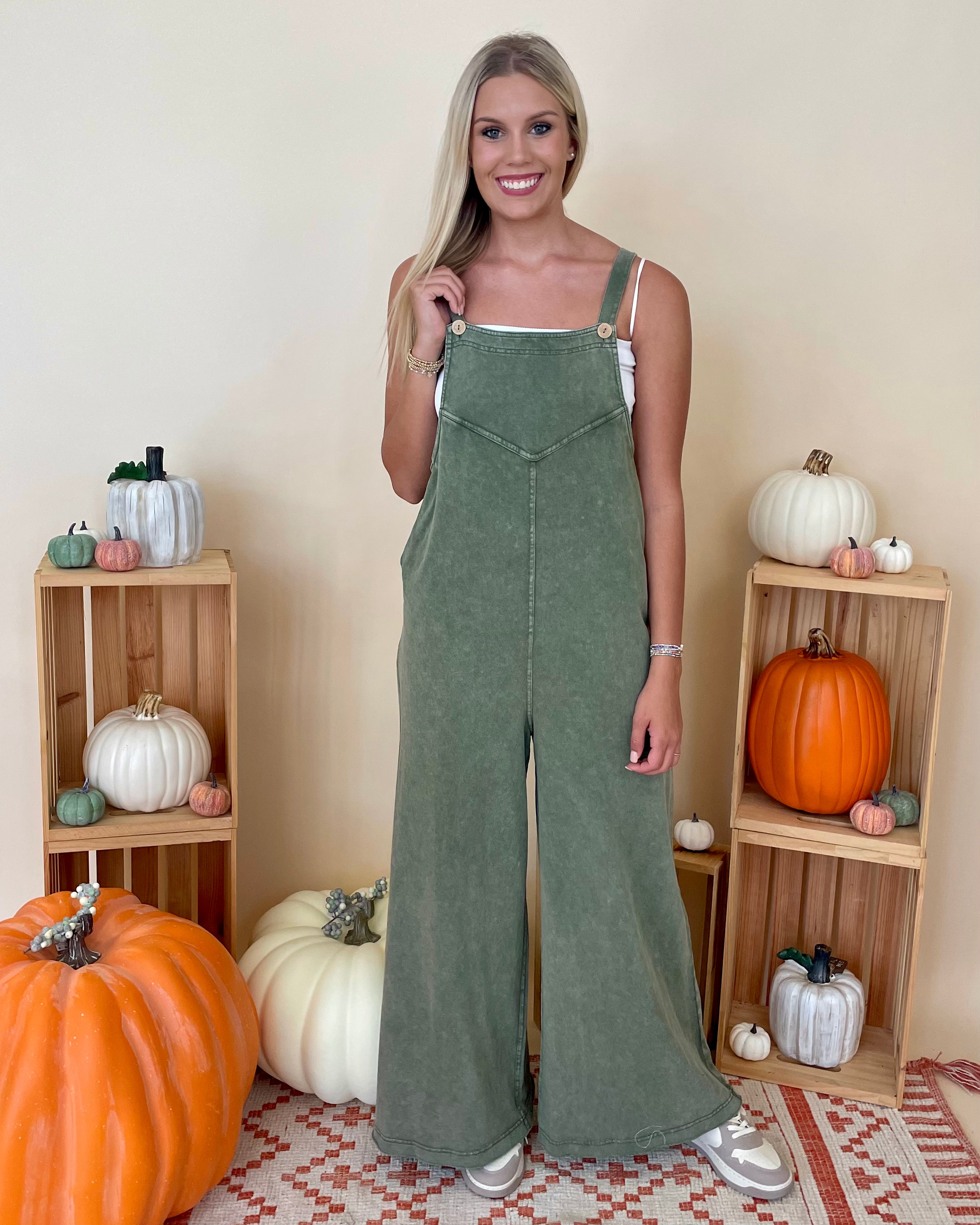 Wind Up Olive Button Strap Overalls-Shop-Womens-Boutique-Clothing