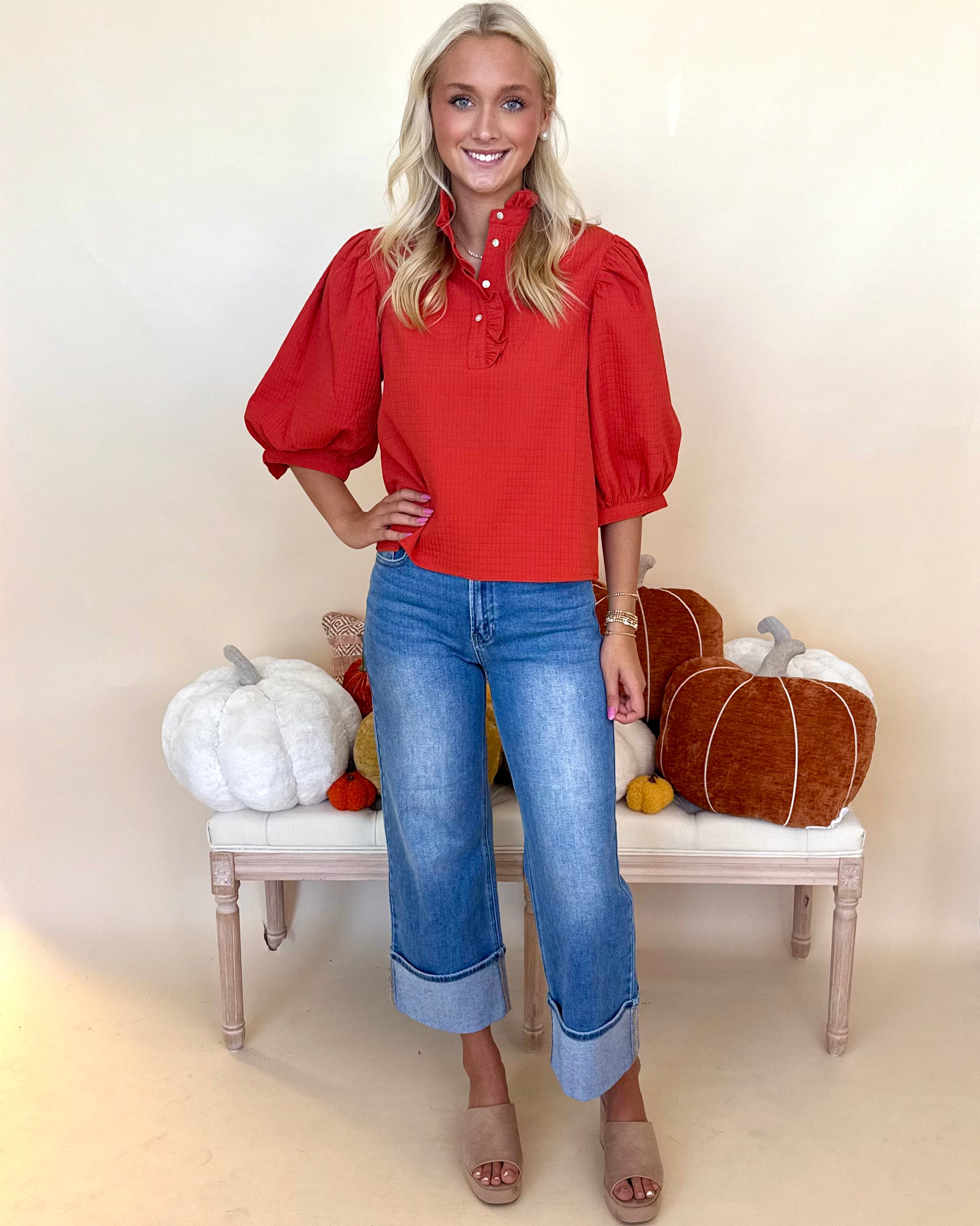 Think On It Rust Textured Ruffle Top-Shop-Womens-Boutique-Clothing