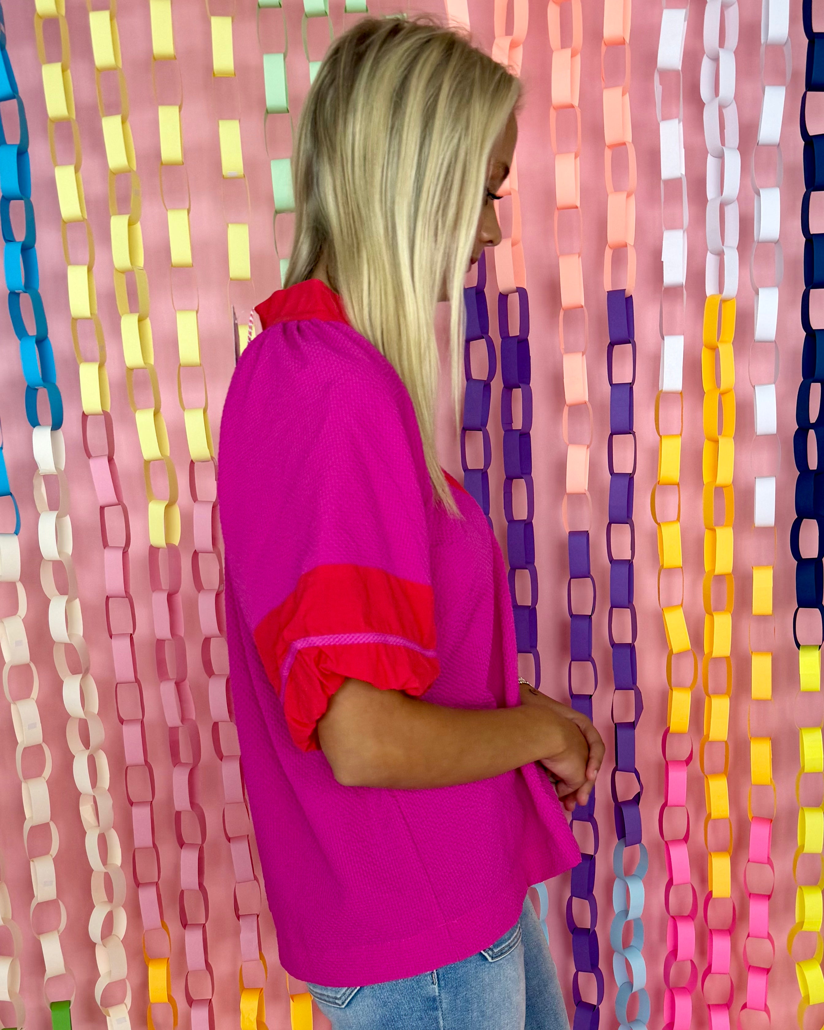 Effortlessly Fuchsia Textured Contrast Top-Shop-Womens-Boutique-Clothing
