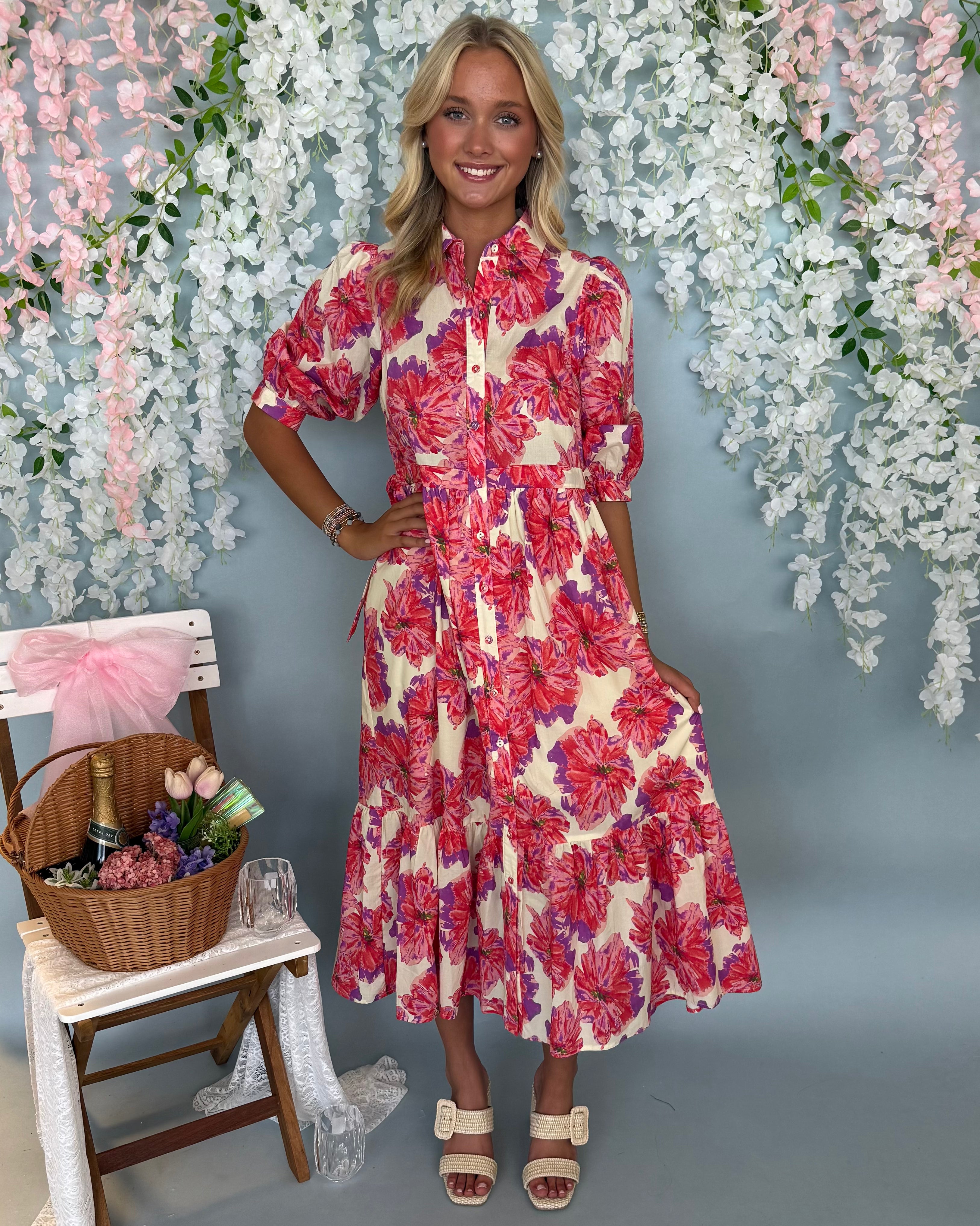 Flower Picking Tomato Floral Tie Dress-Shop-Womens-Boutique-Clothing