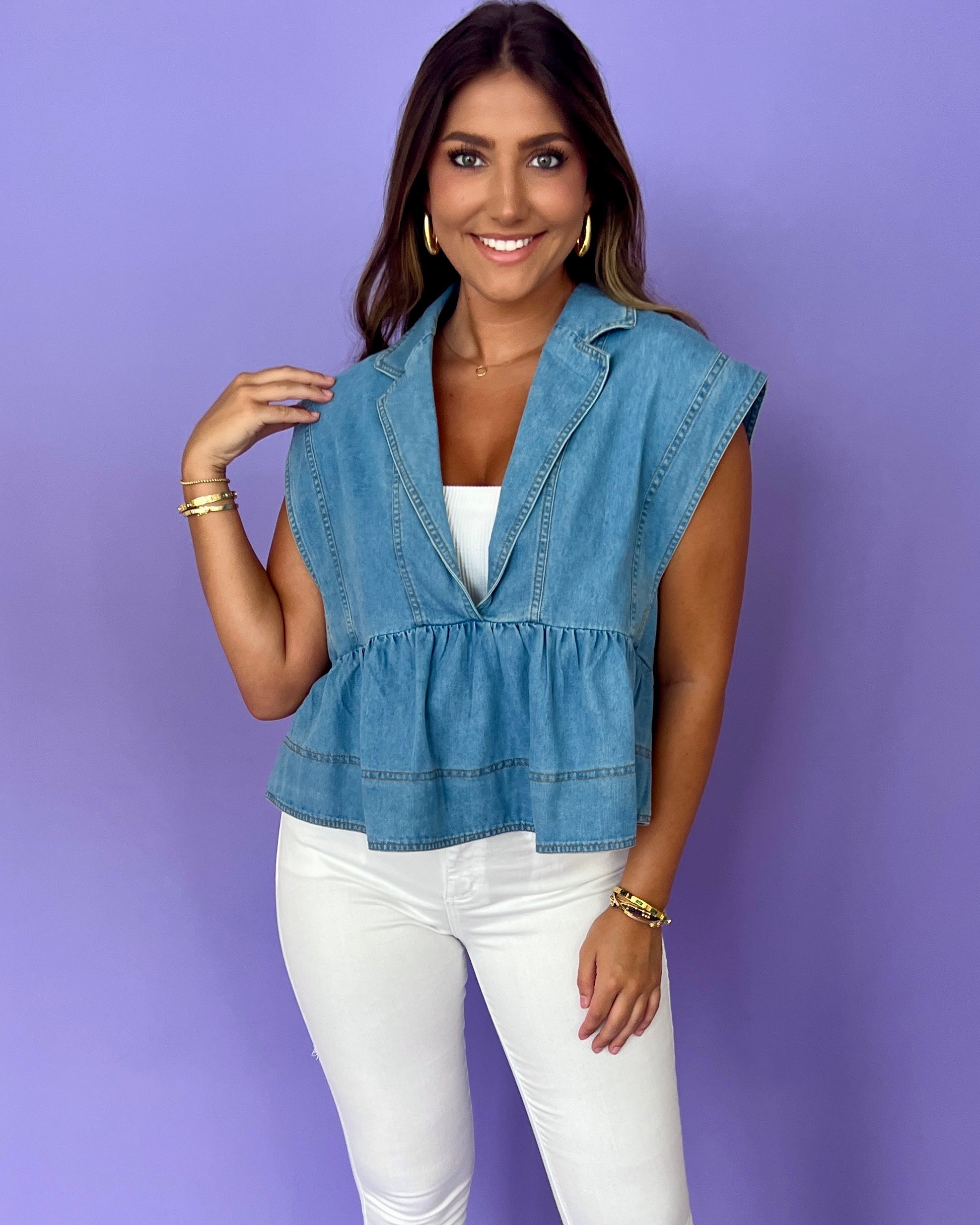 The Top Light Blue Denim Collared Top-Shop-Womens-Boutique-Clothing