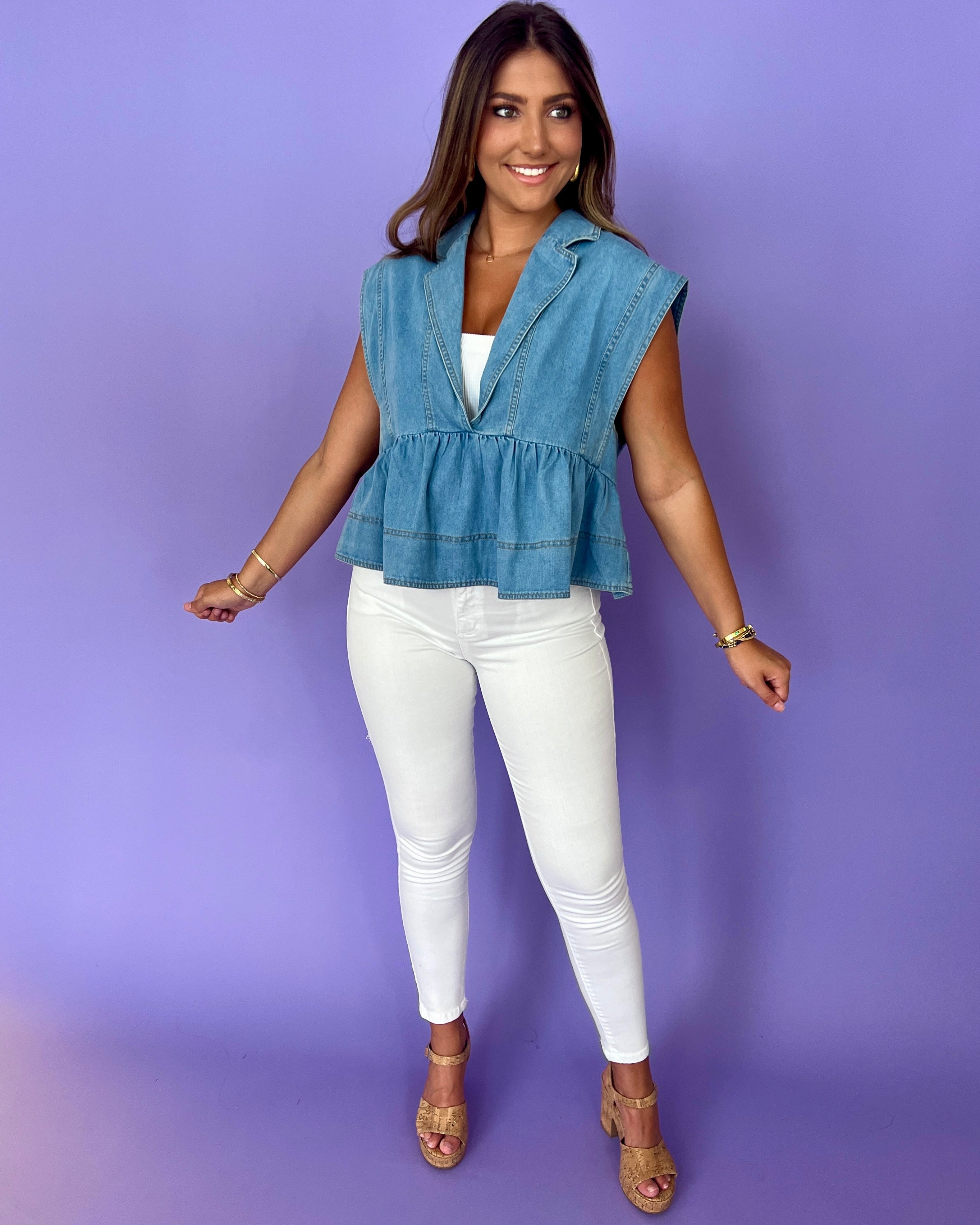 The Top Light Blue Denim Collared Top-Shop-Womens-Boutique-Clothing