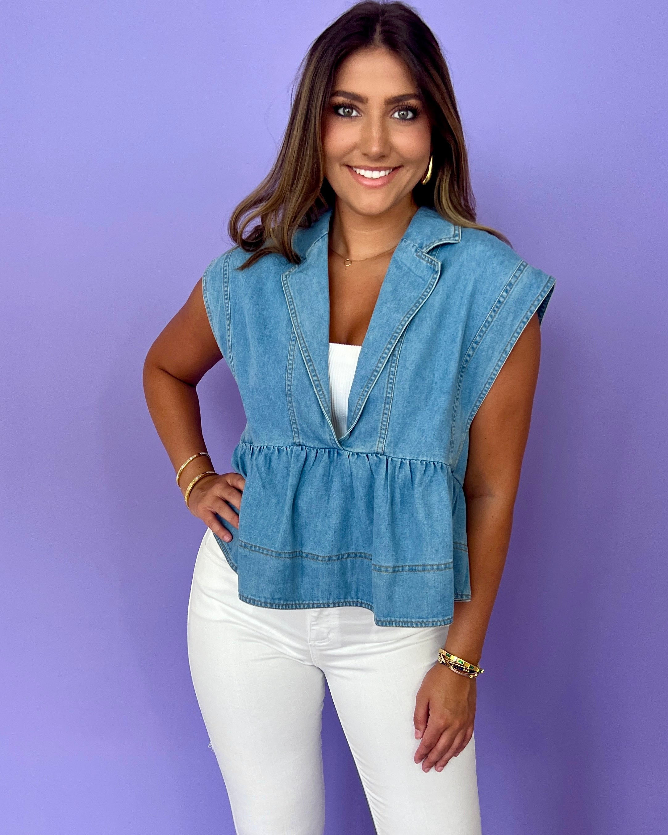 The Top Light Blue Denim Collared Top-Shop-Womens-Boutique-Clothing