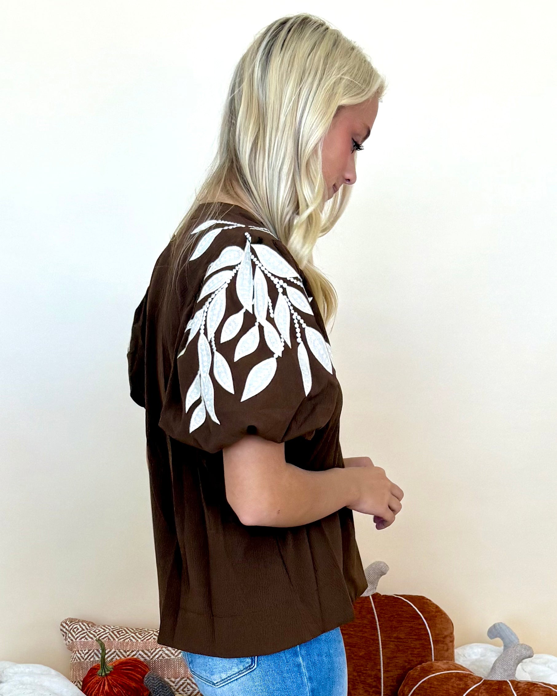 Everbloom Brown Leaf Embroidered Top-Shop-Womens-Boutique-Clothing