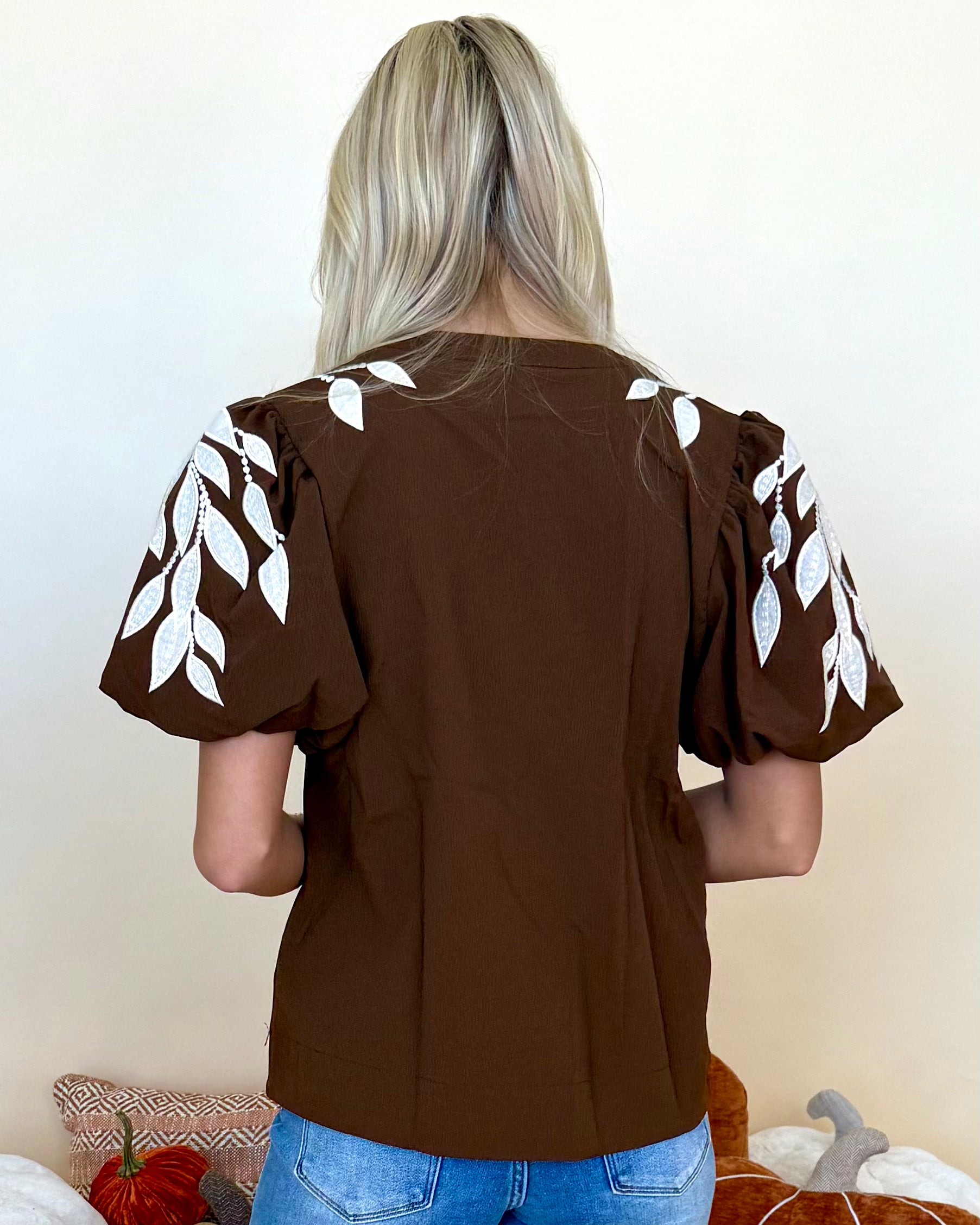 Everbloom Brown Leaf Embroidered Top-Shop-Womens-Boutique-Clothing