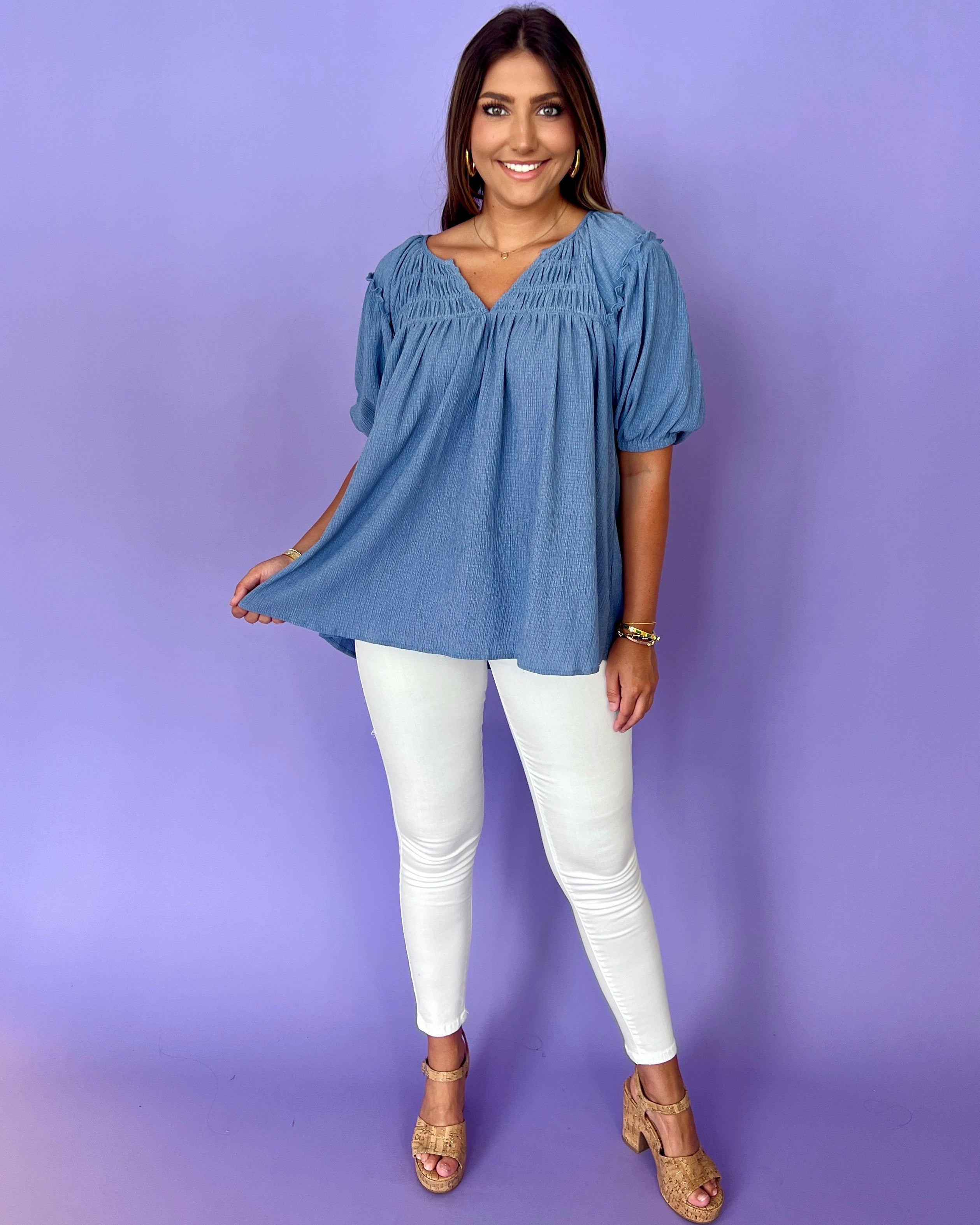 Take Notice Slate Blue Smocked Top-Shop-Womens-Boutique-Clothing