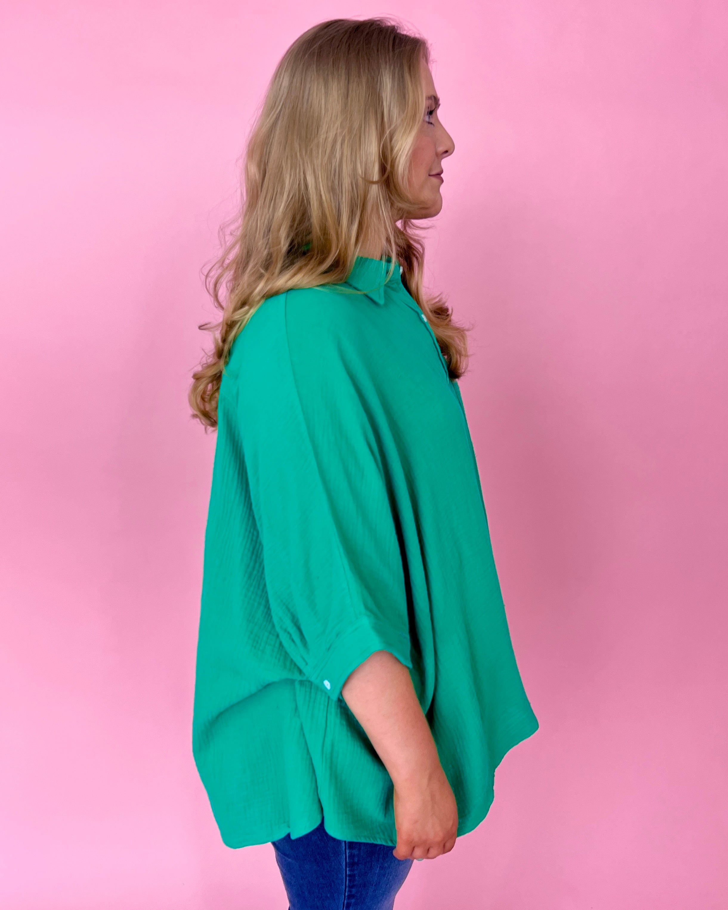 Days Of Summer Green Plus Gauze Button Down Dolman Top-Shop-Womens-Boutique-Clothing