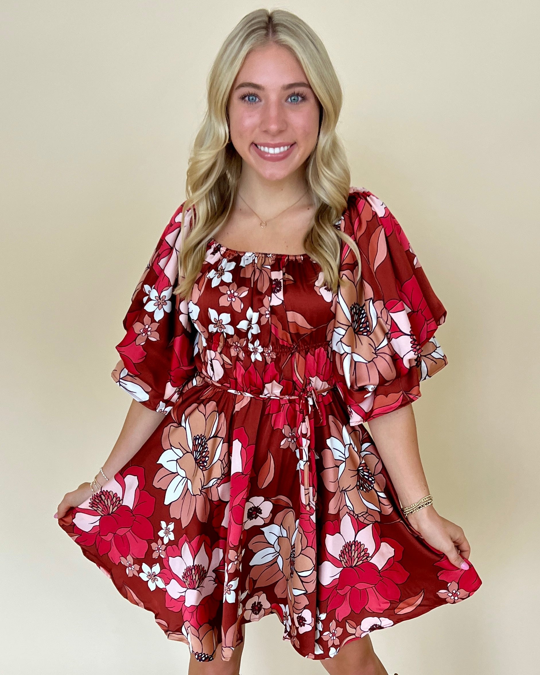 Embrace It Brick Multi Floral Smocked Dress-Shop-Womens-Boutique-Clothing