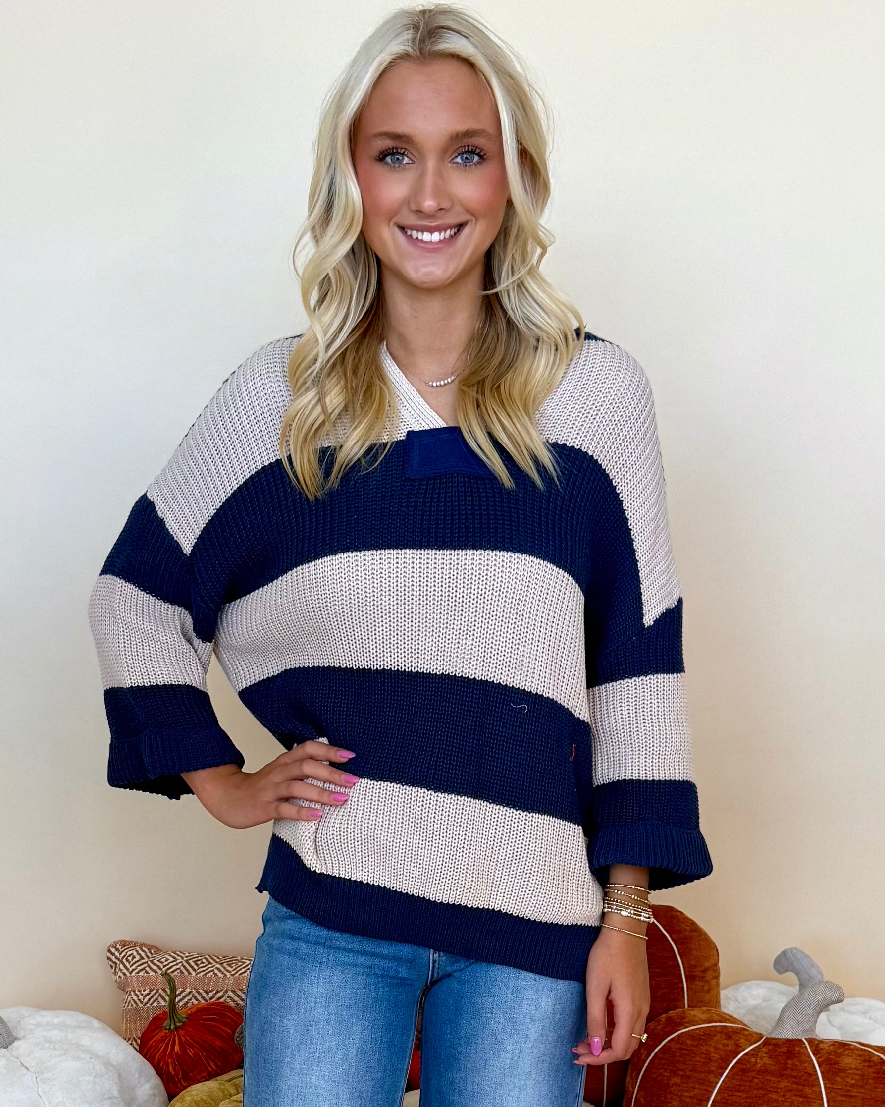Thinking It Navy Blue V-Neck Striped Sweater