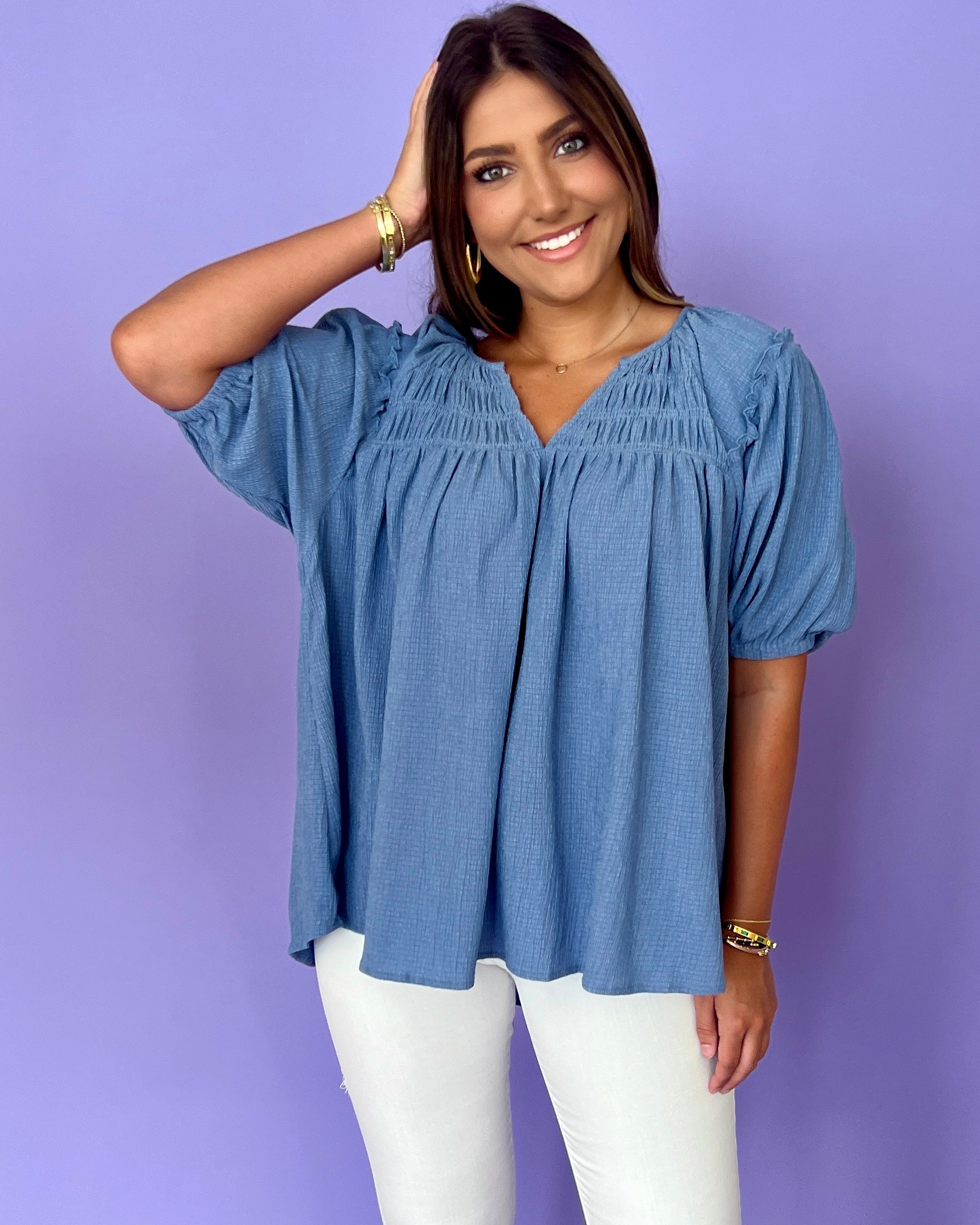 Take Notice Slate Blue Smocked Top-Shop-Womens-Boutique-Clothing