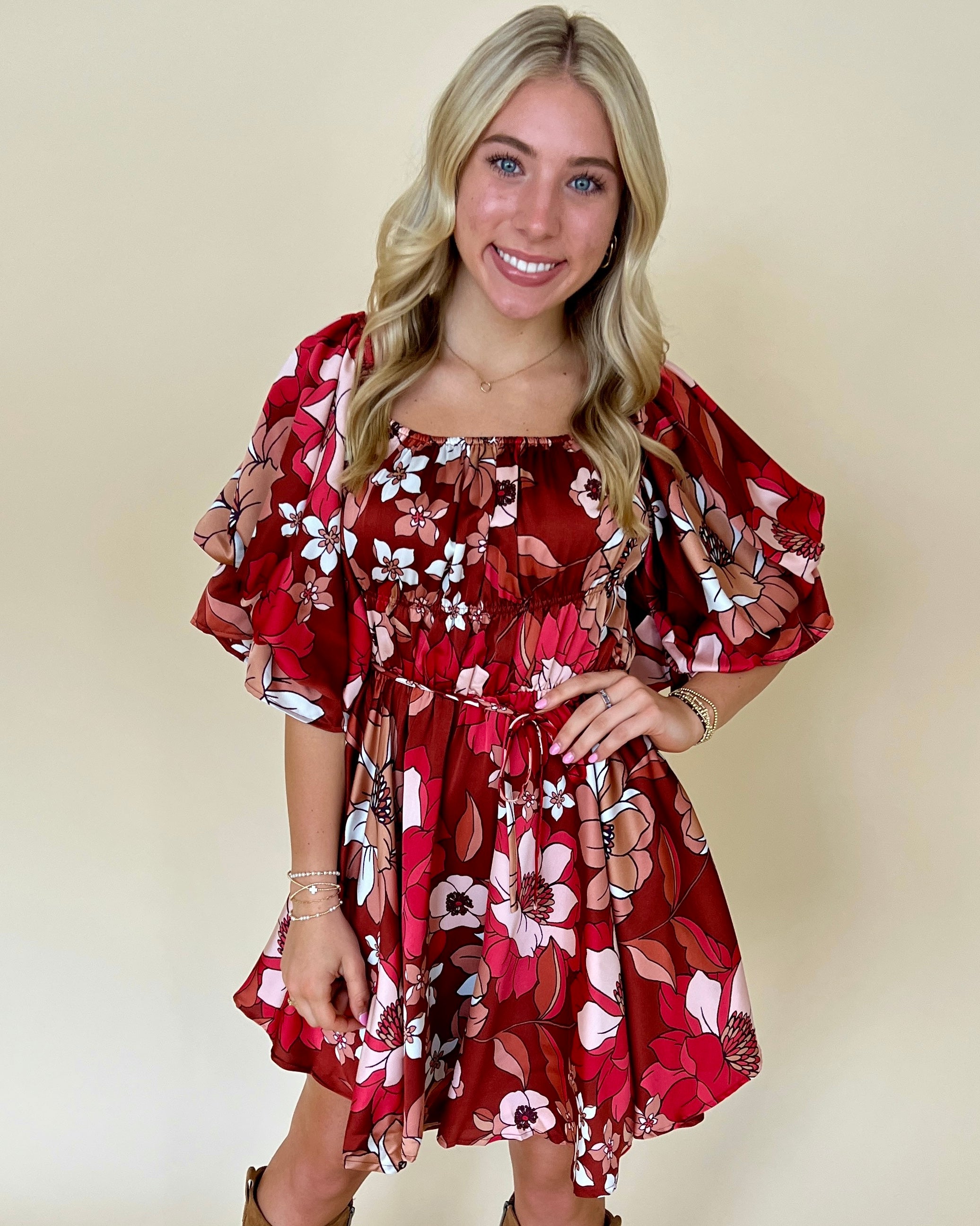 Embrace It Brick Multi Floral Smocked Dress-Shop-Womens-Boutique-Clothing