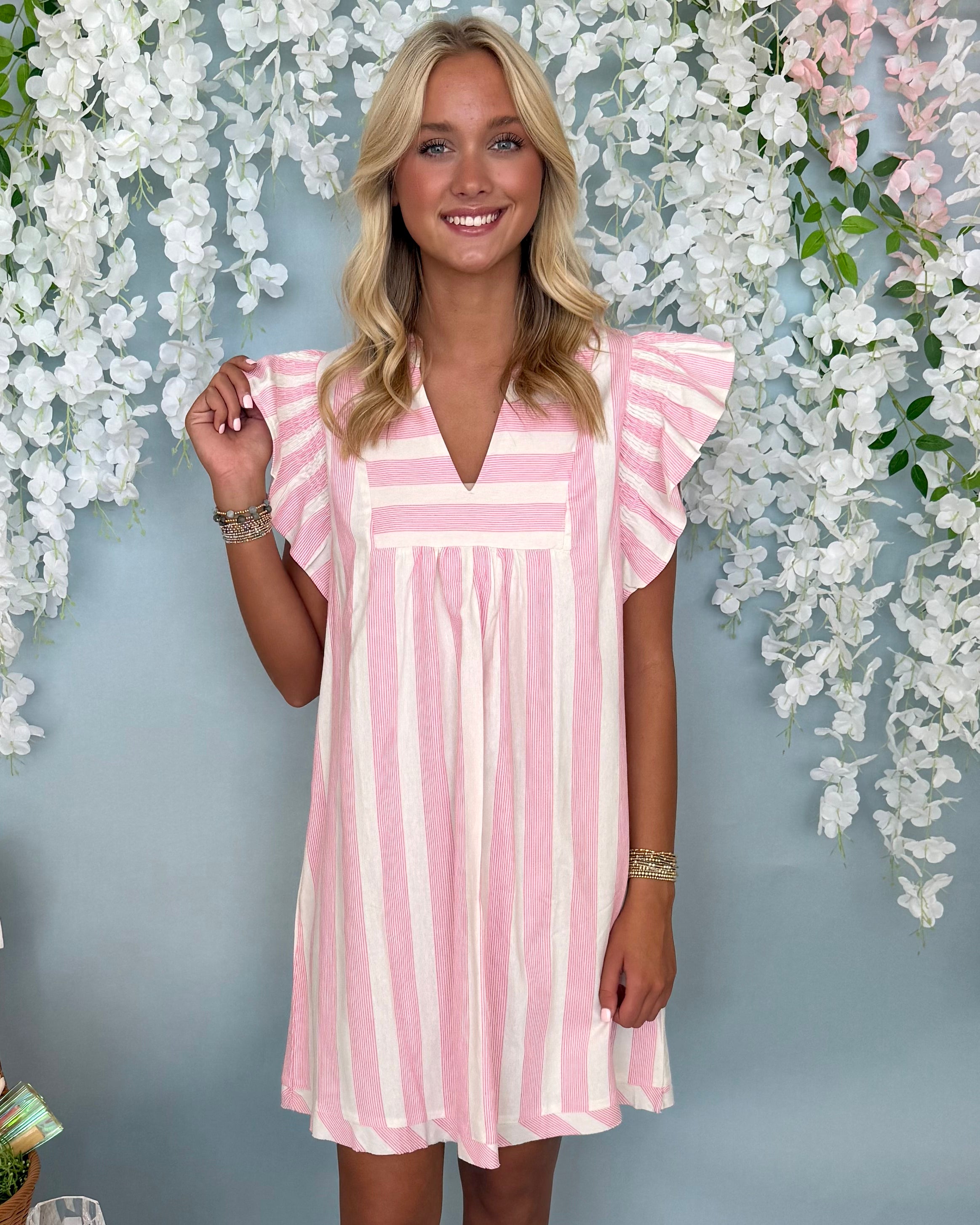 If I Knew Pink Striped Flutter Dress-Shop-Womens-Boutique-Clothing