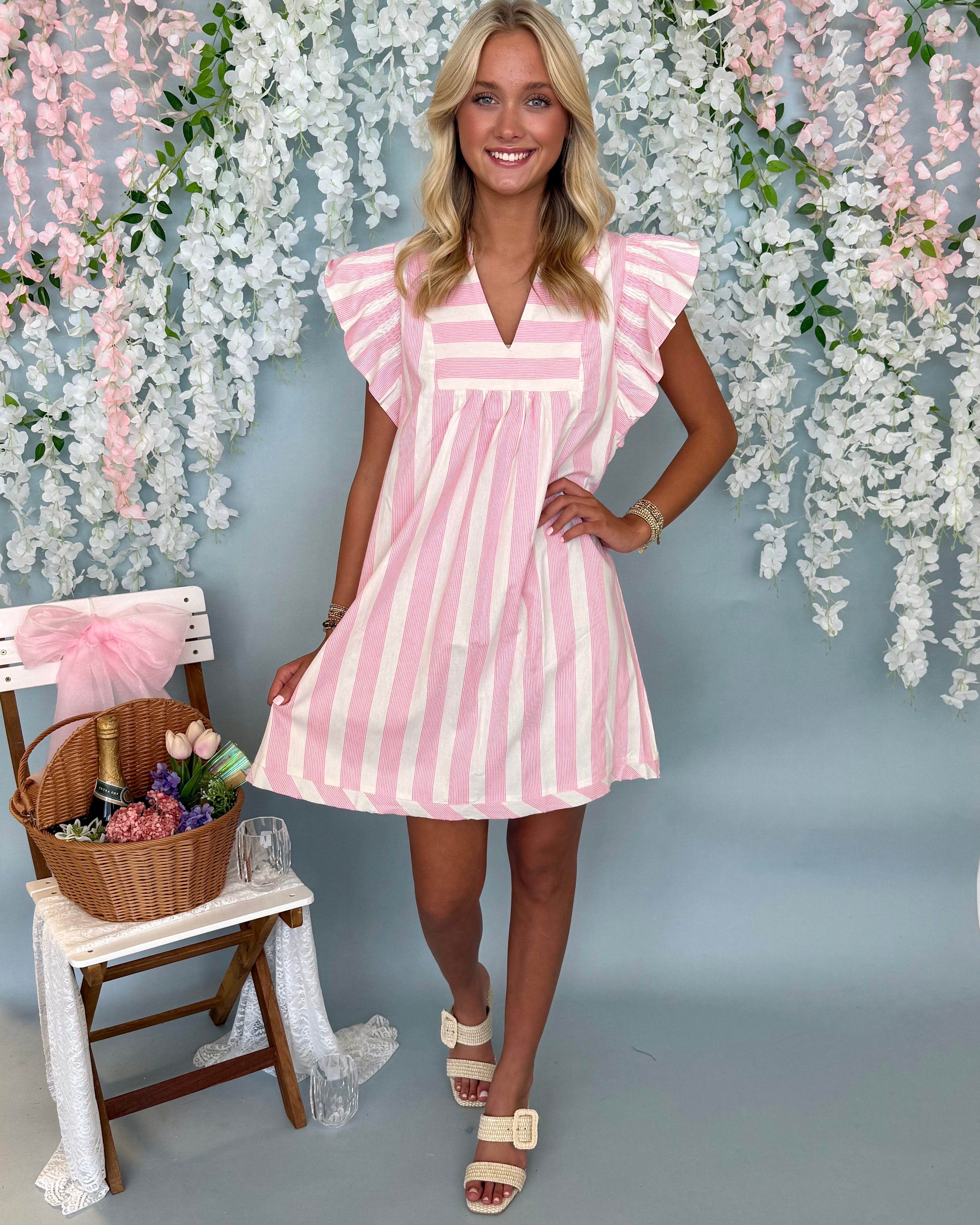 If I Knew Pink Striped Flutter Dress-Shop-Womens-Boutique-Clothing