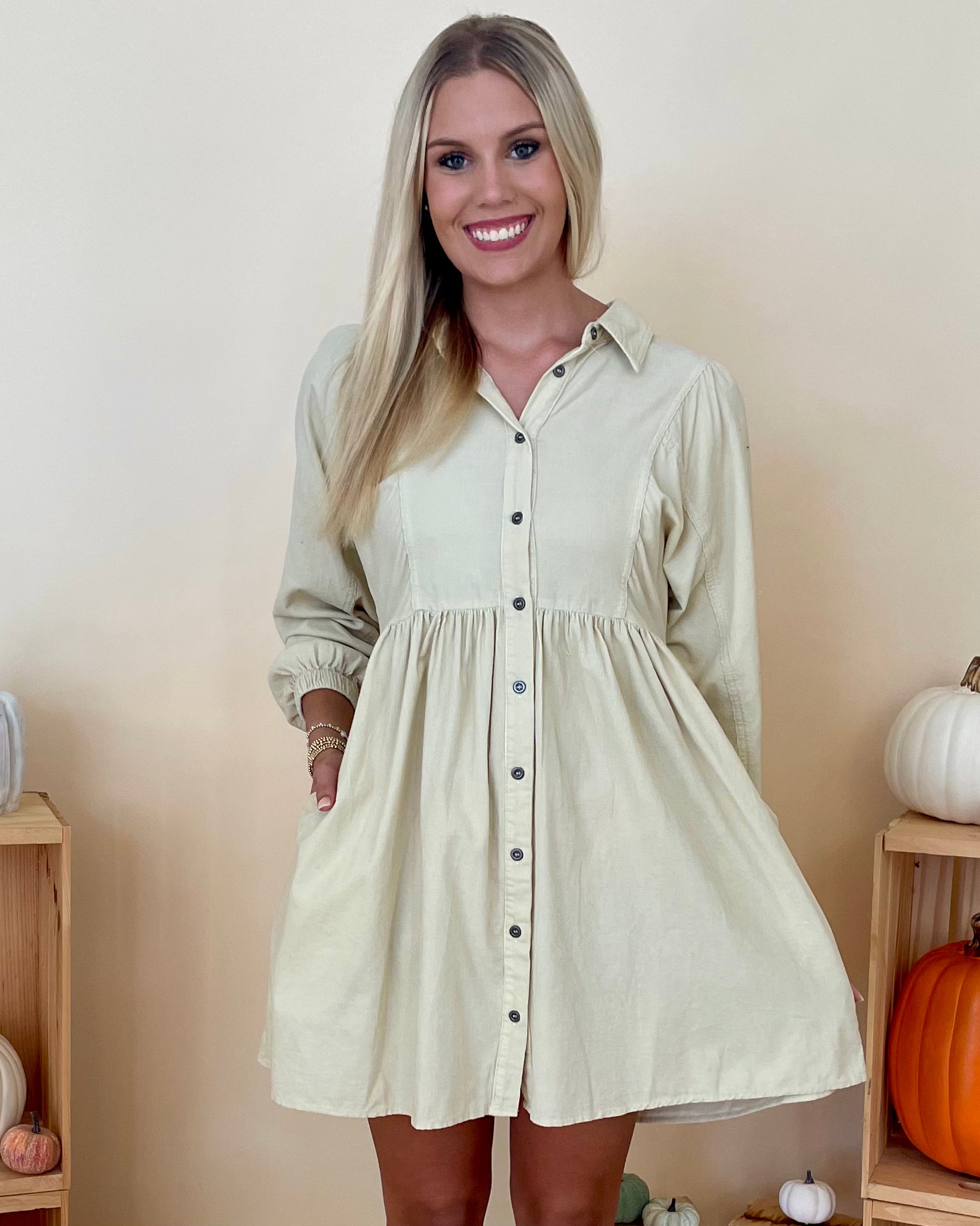 Oyster Washed Corduroy Dress-Shop-Womens-Boutique-Clothing