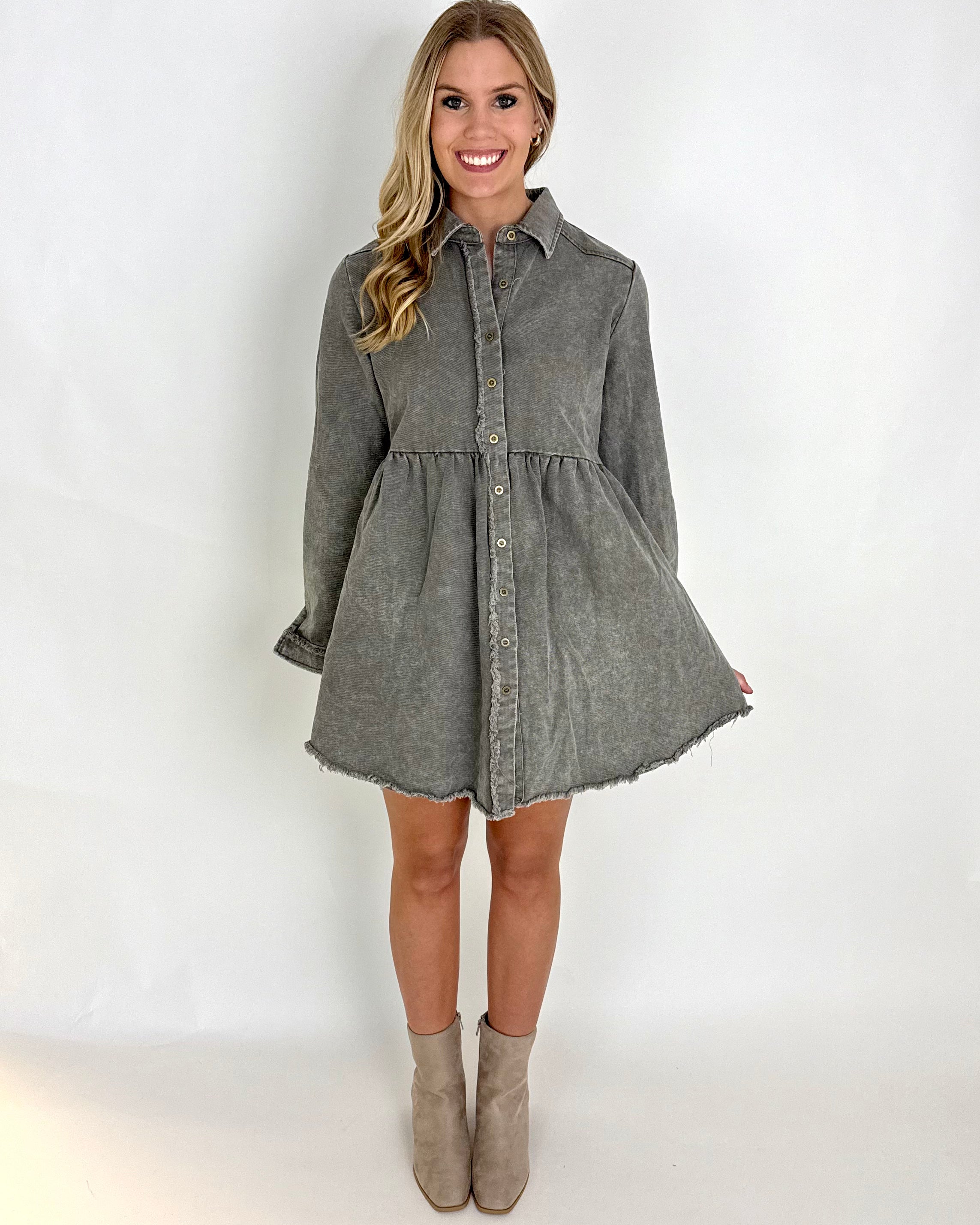 Put It On Olive Washed Denim Dress-Shop-Womens-Boutique-Clothing