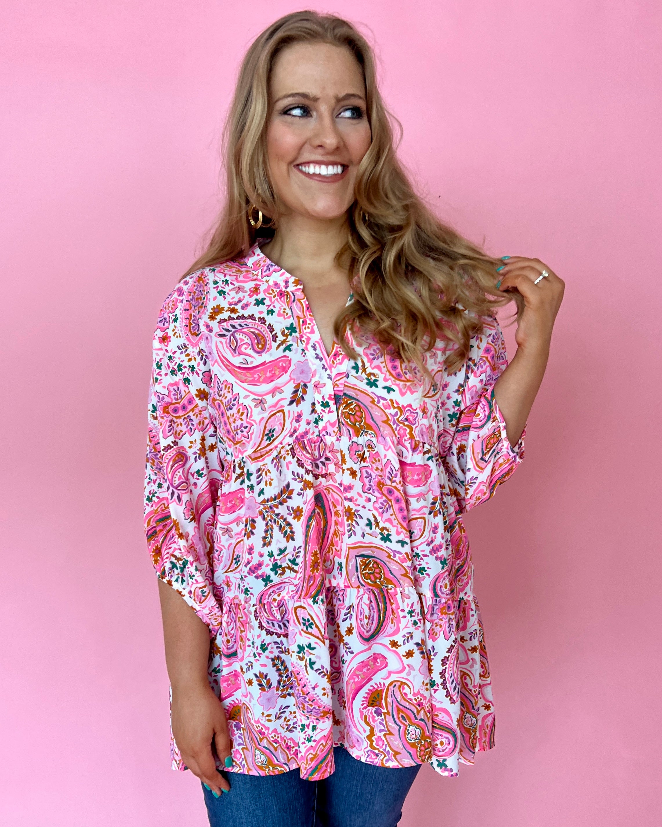 Go Getter Pink Plus Paisley Split Neck Tiered Top-Shop-Womens-Boutique-Clothing