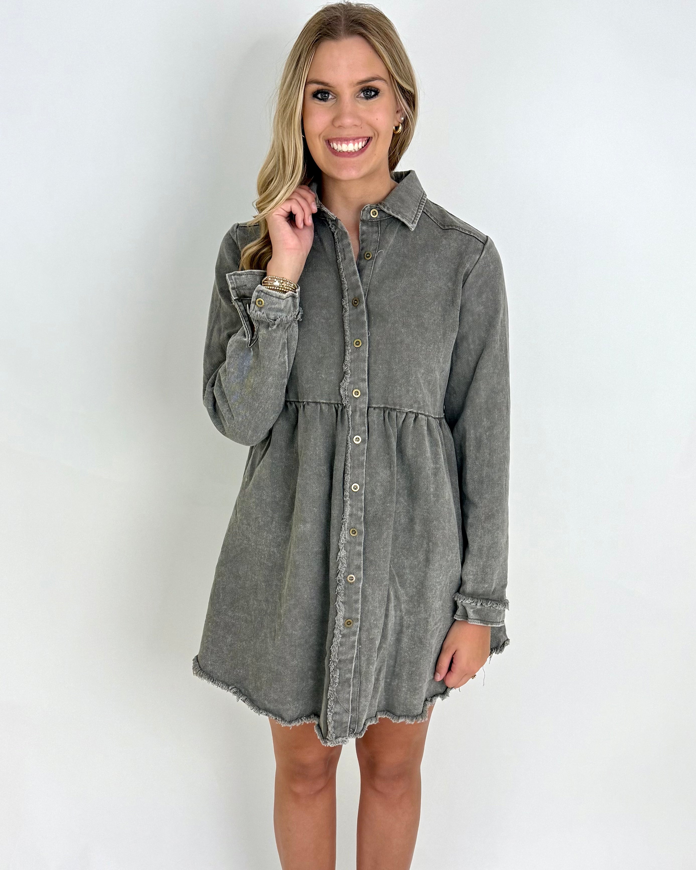 Put It On Olive Washed Denim Dress-Shop-Womens-Boutique-Clothing