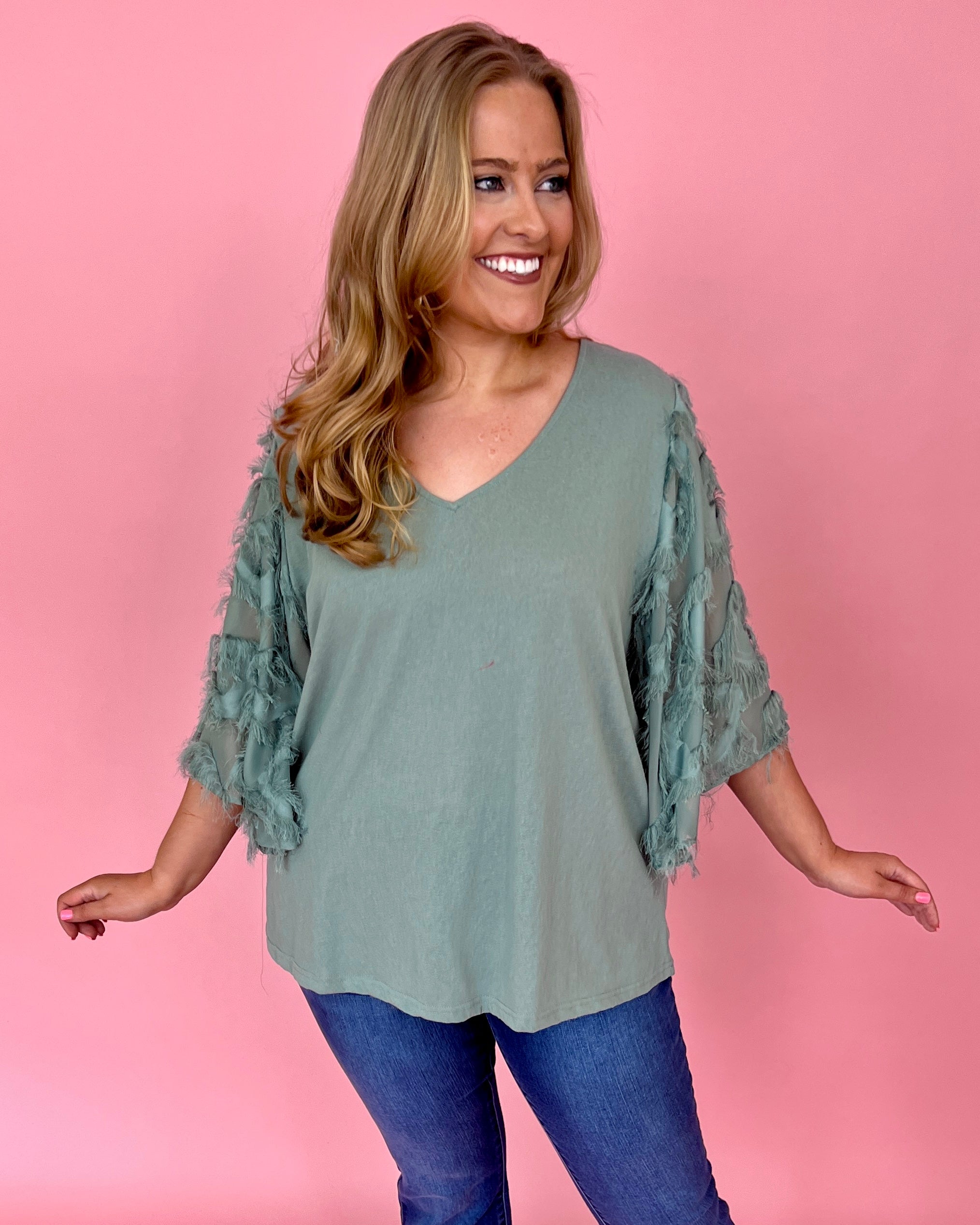 Best Night Ever Pale Jade Plus Feather Sleeve Top-Shop-Womens-Boutique-Clothing