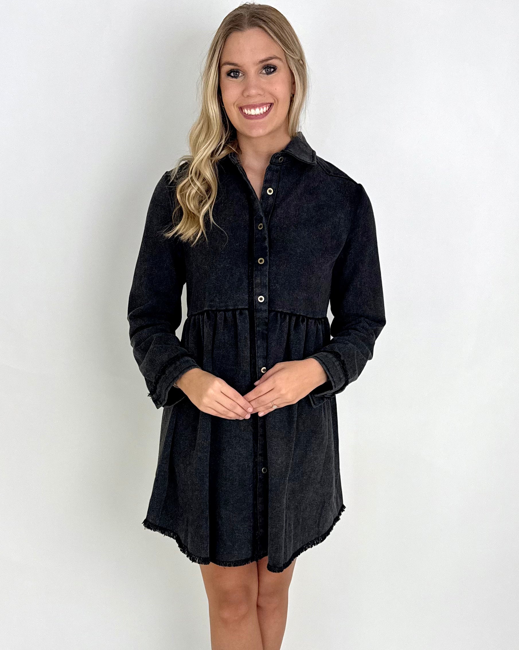 Put It On Black Washed Denim Dress-Shop-Womens-Boutique-Clothing