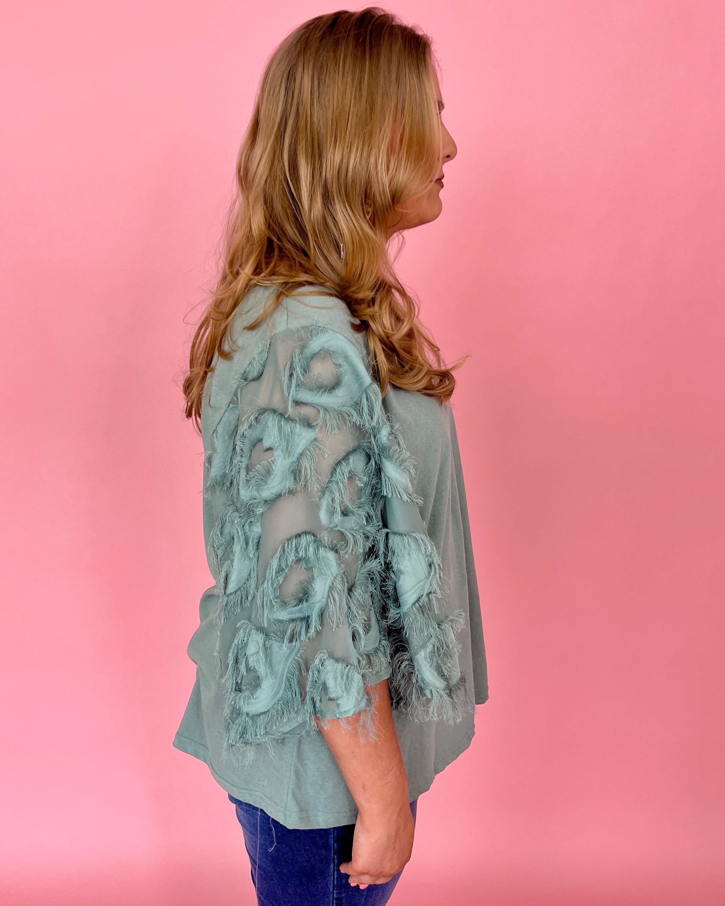 Best Night Ever Pale Jade Plus Feather Sleeve Top-Shop-Womens-Boutique-Clothing
