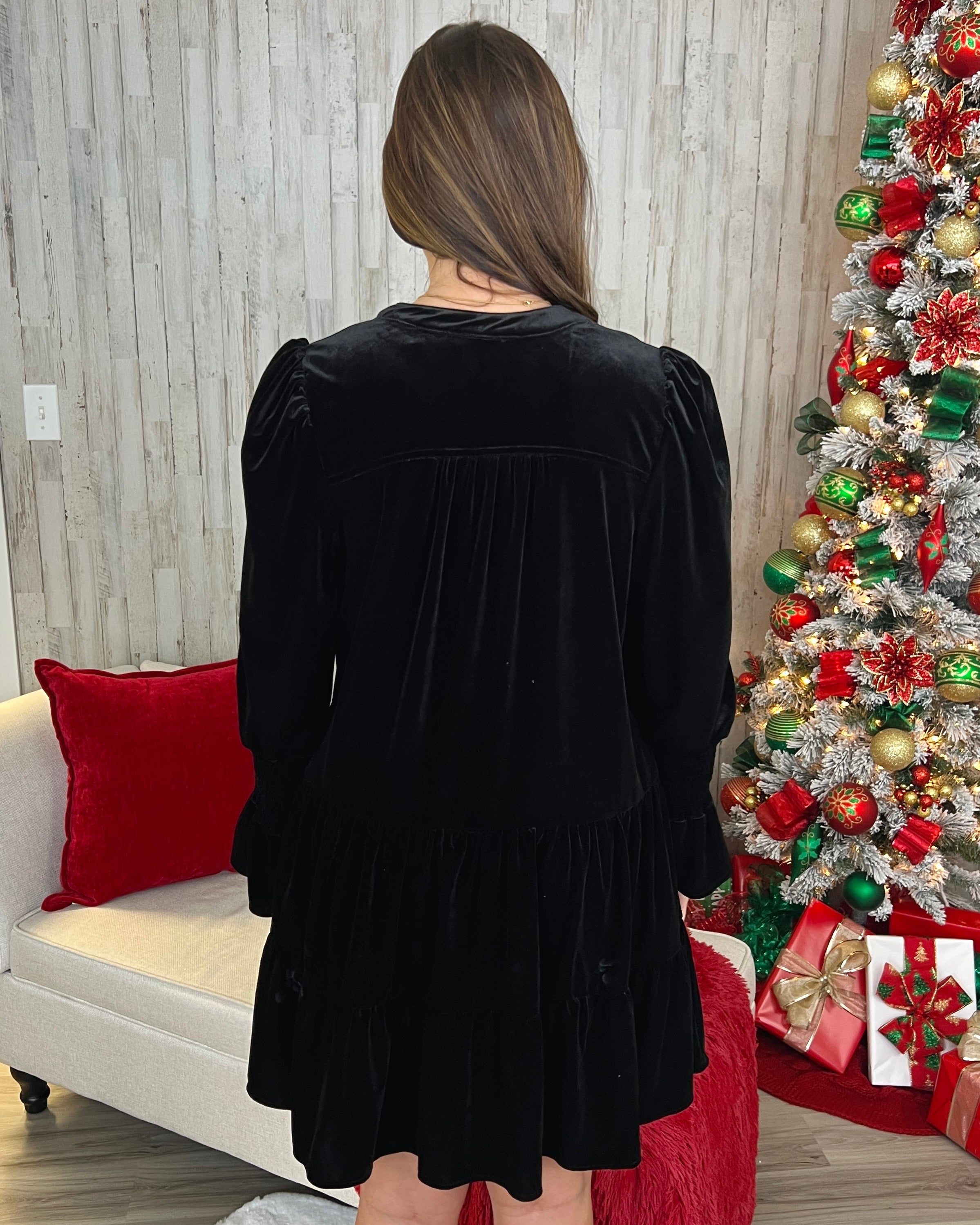 Back In Bold Black Velvet Tiered Dress-Shop-Womens-Boutique-Clothing