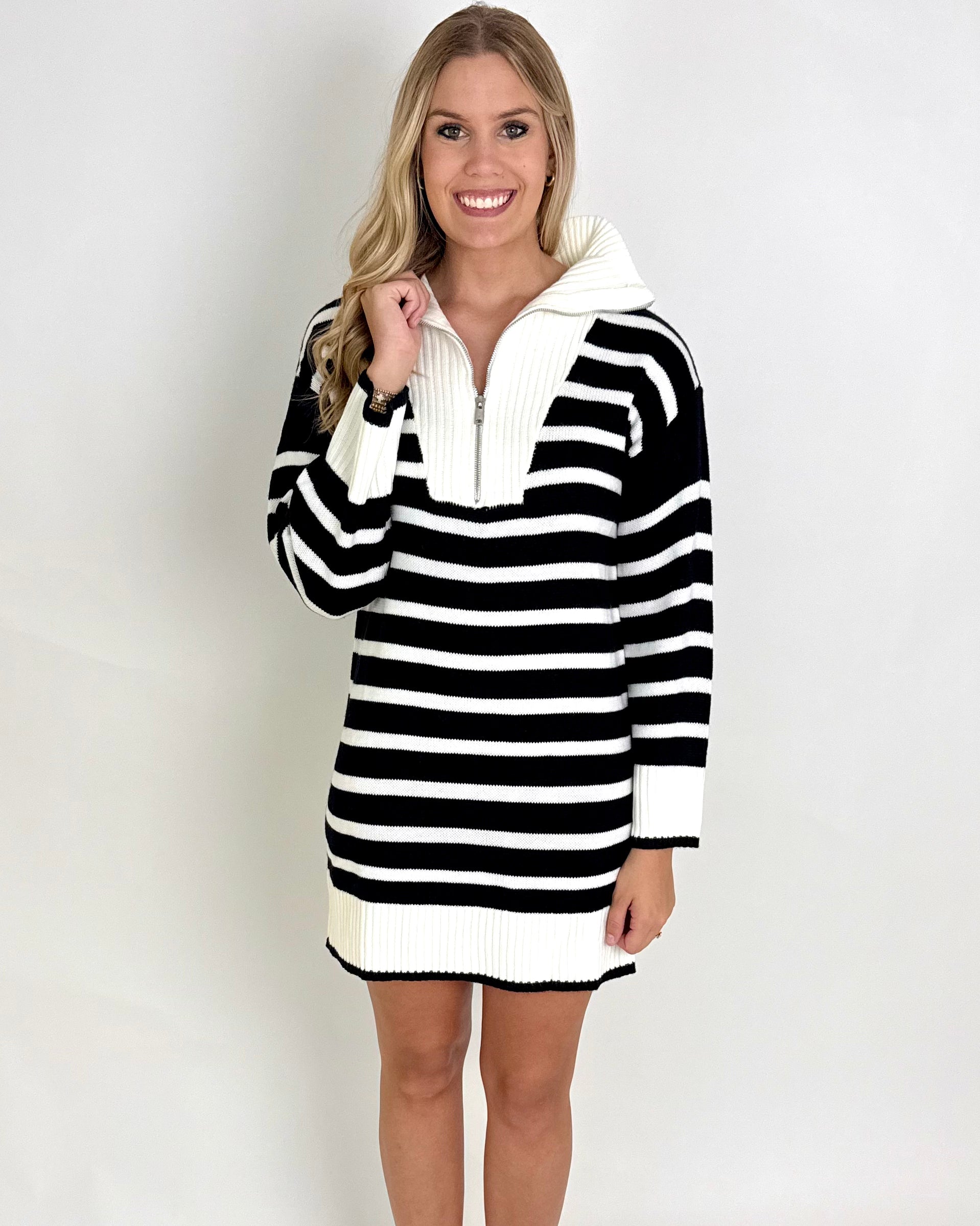 Seeing Stripes Ivory/Black Sweater Dress-Shop-Womens-Boutique-Clothing