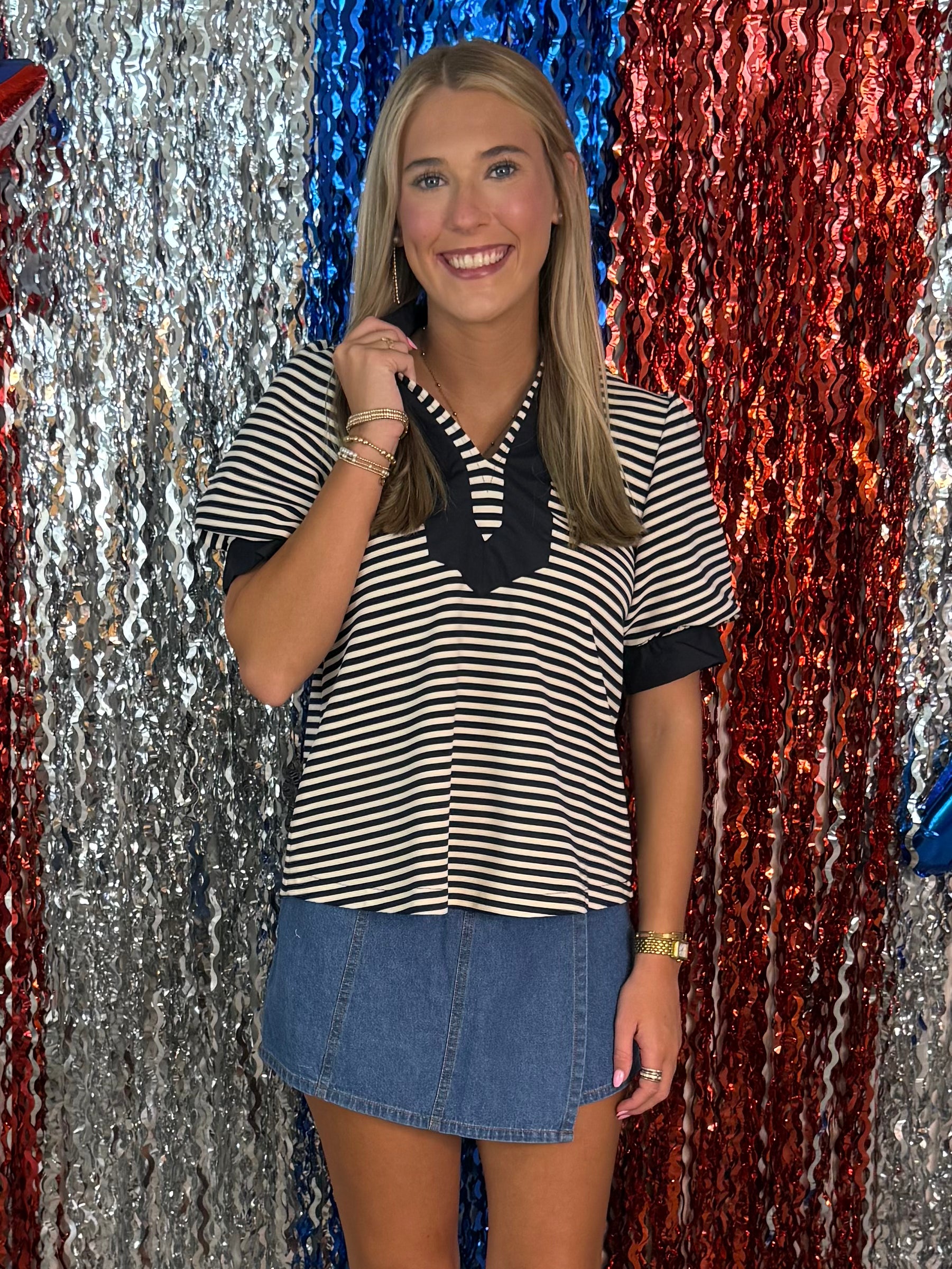 Always In Style Navy Stripe V Yoke Top-Shop-Womens-Boutique-Clothing