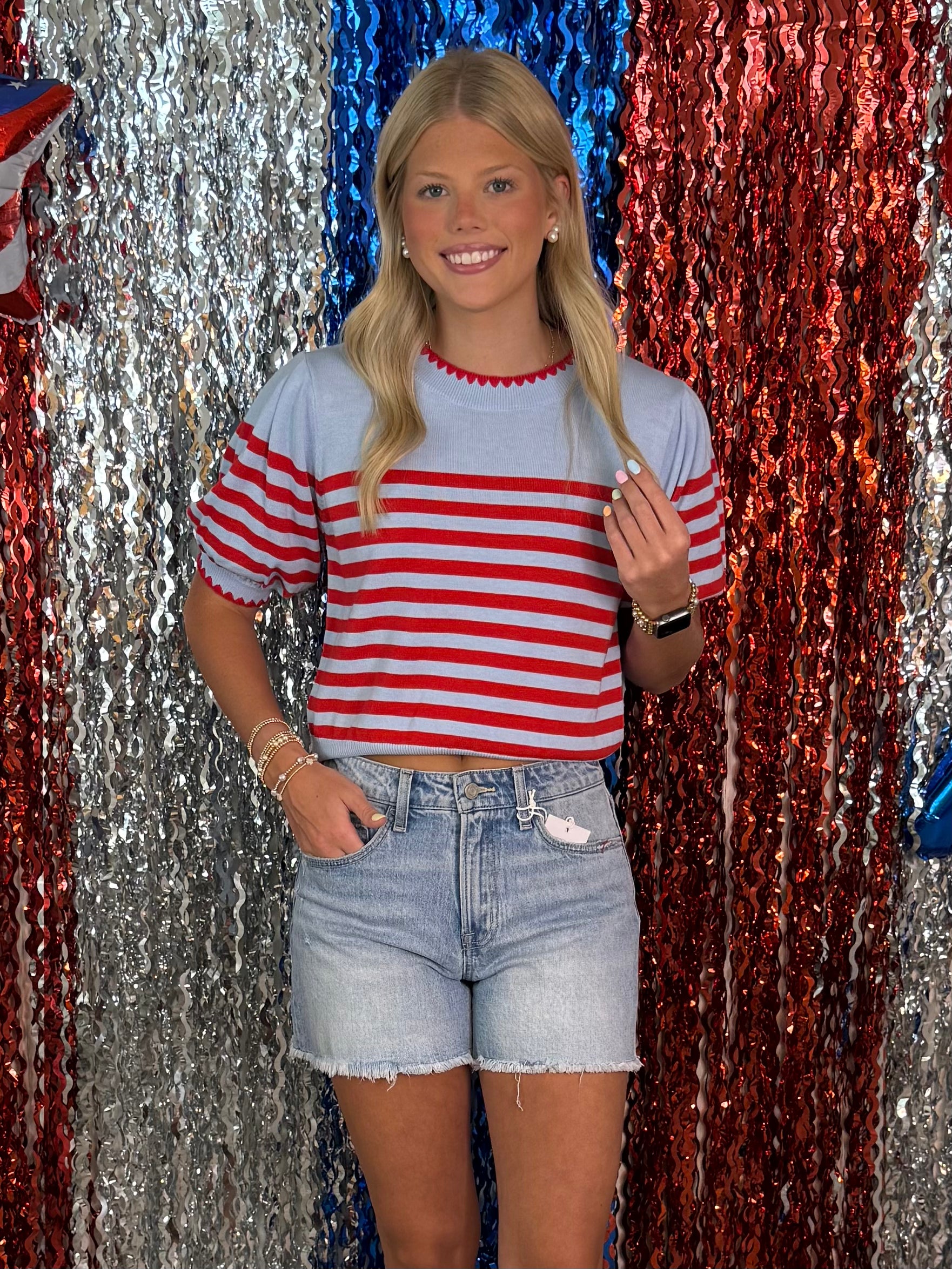 Daily Style Light Blue/Red Stripe Puff Sleeve Top-Shop-Womens-Boutique-Clothing
