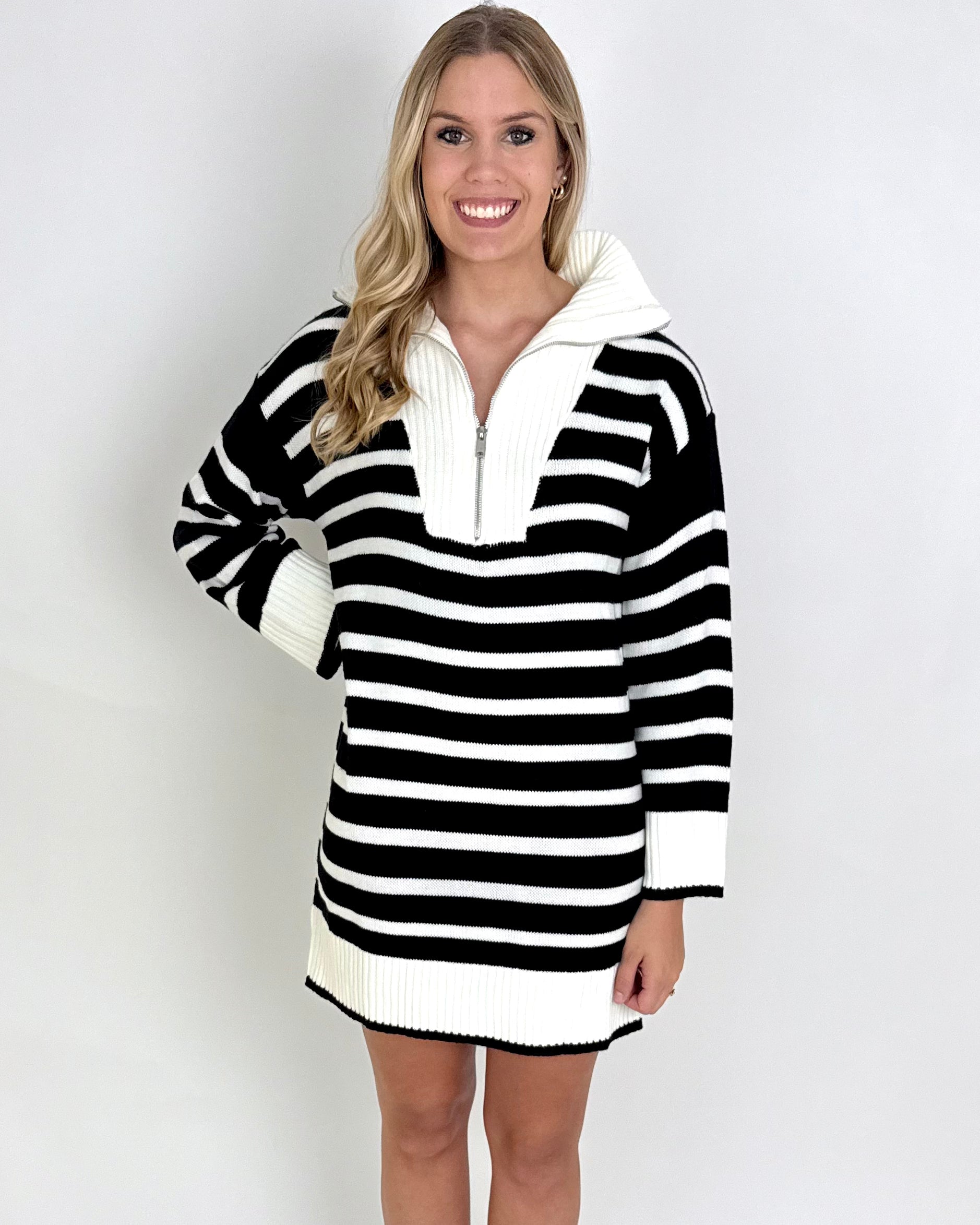 Seeing Stripes Ivory/Black Sweater Dress-Shop-Womens-Boutique-Clothing