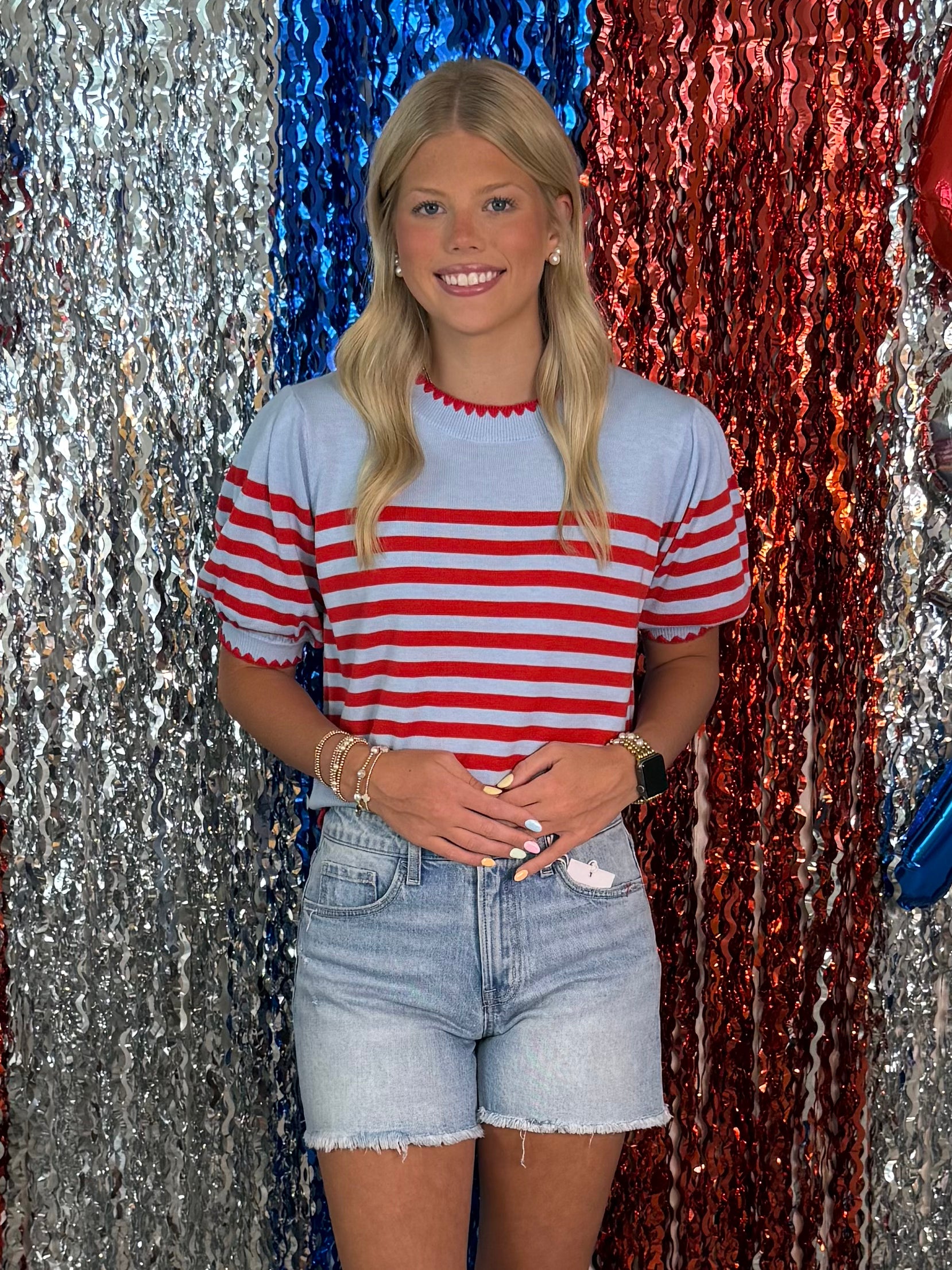 Daily Style Light Blue/Red Stripe Puff Sleeve Top-Shop-Womens-Boutique-Clothing