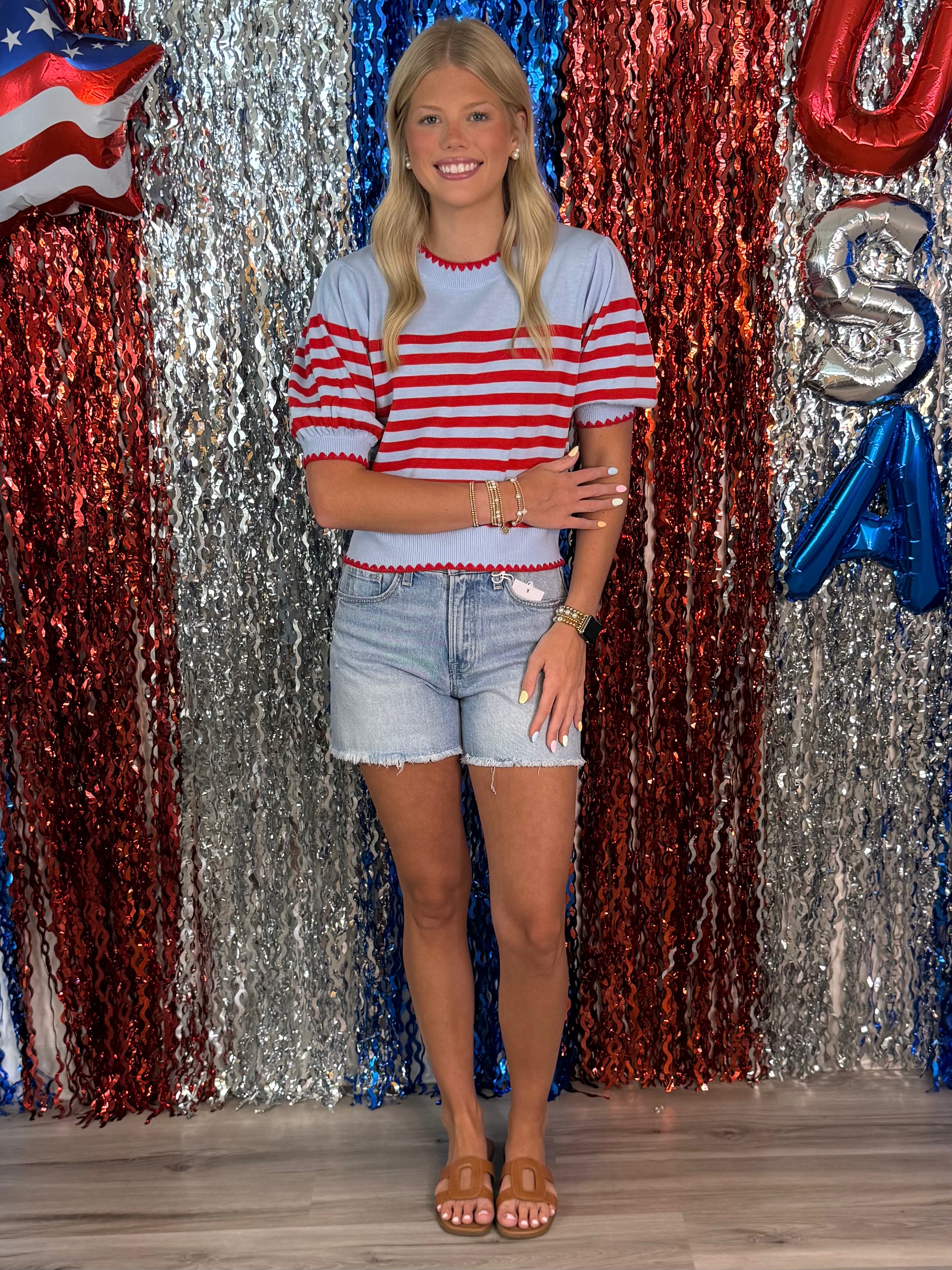 Daily Style Light Blue/Red Stripe Puff Sleeve Top-Shop-Womens-Boutique-Clothing