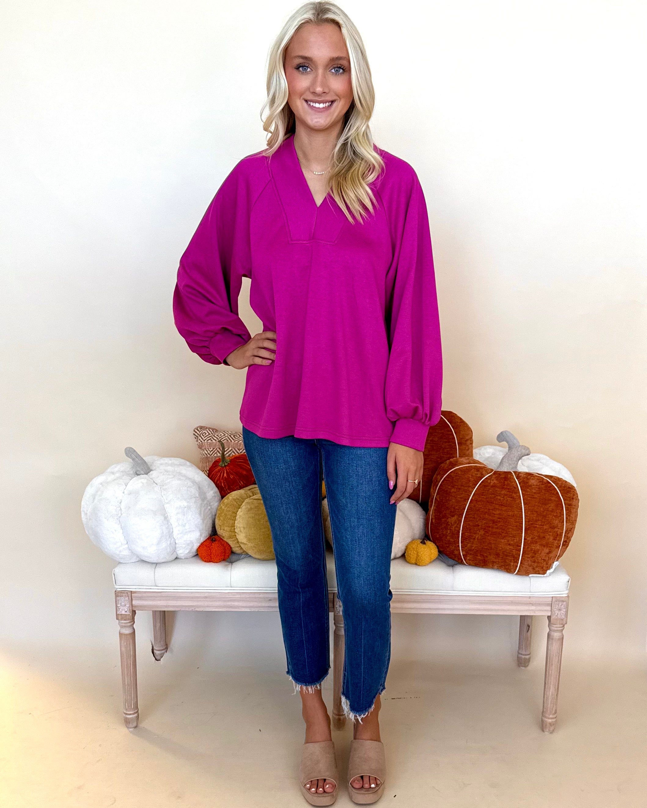 Thinking Of You Magenta Raglan V-Neck Top-Shop-Womens-Boutique-Clothing