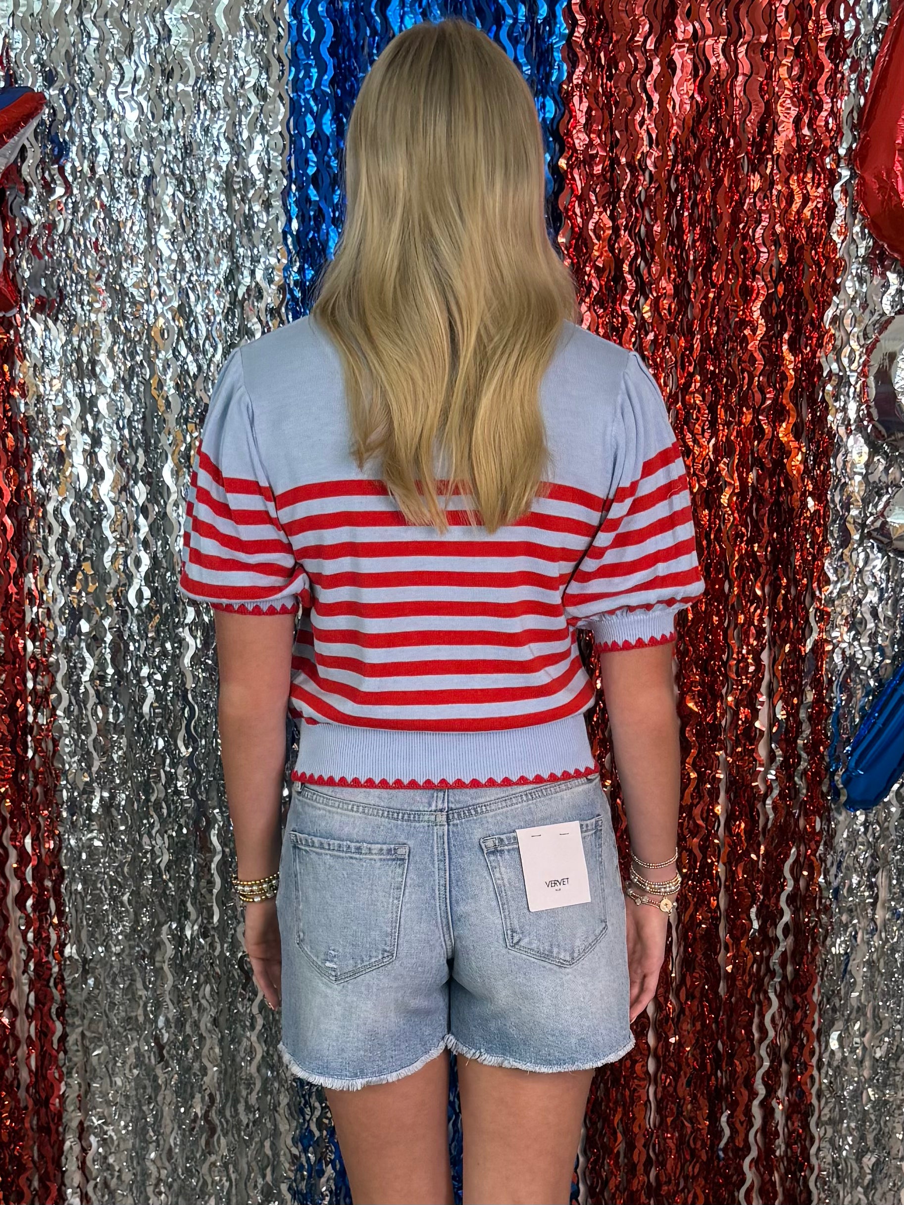 Daily Style Light Blue/Red Stripe Puff Sleeve Top-Shop-Womens-Boutique-Clothing