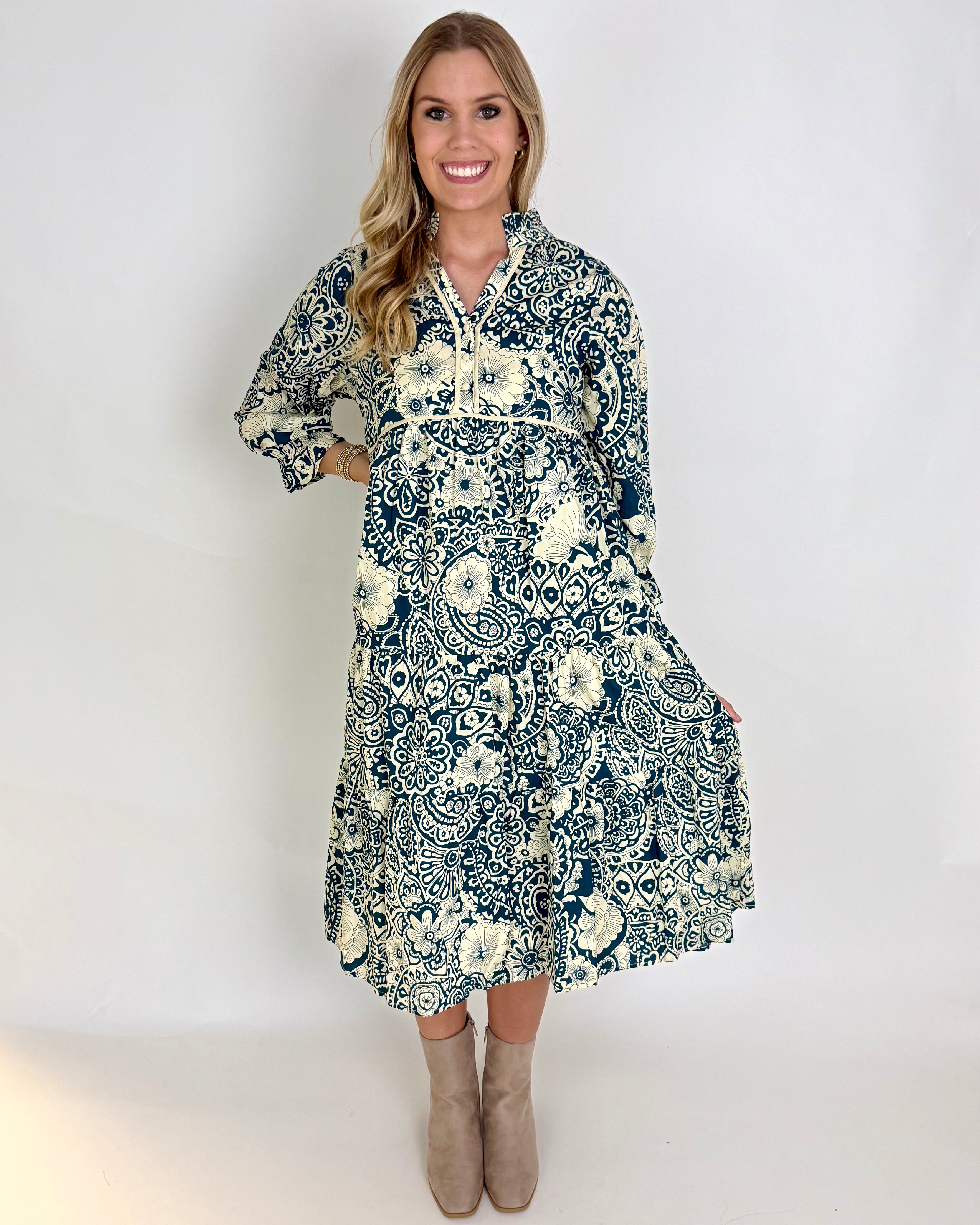 Overcome All Peacock Mix Floral Tiered Midi Dress-Shop-Womens-Boutique-Clothing