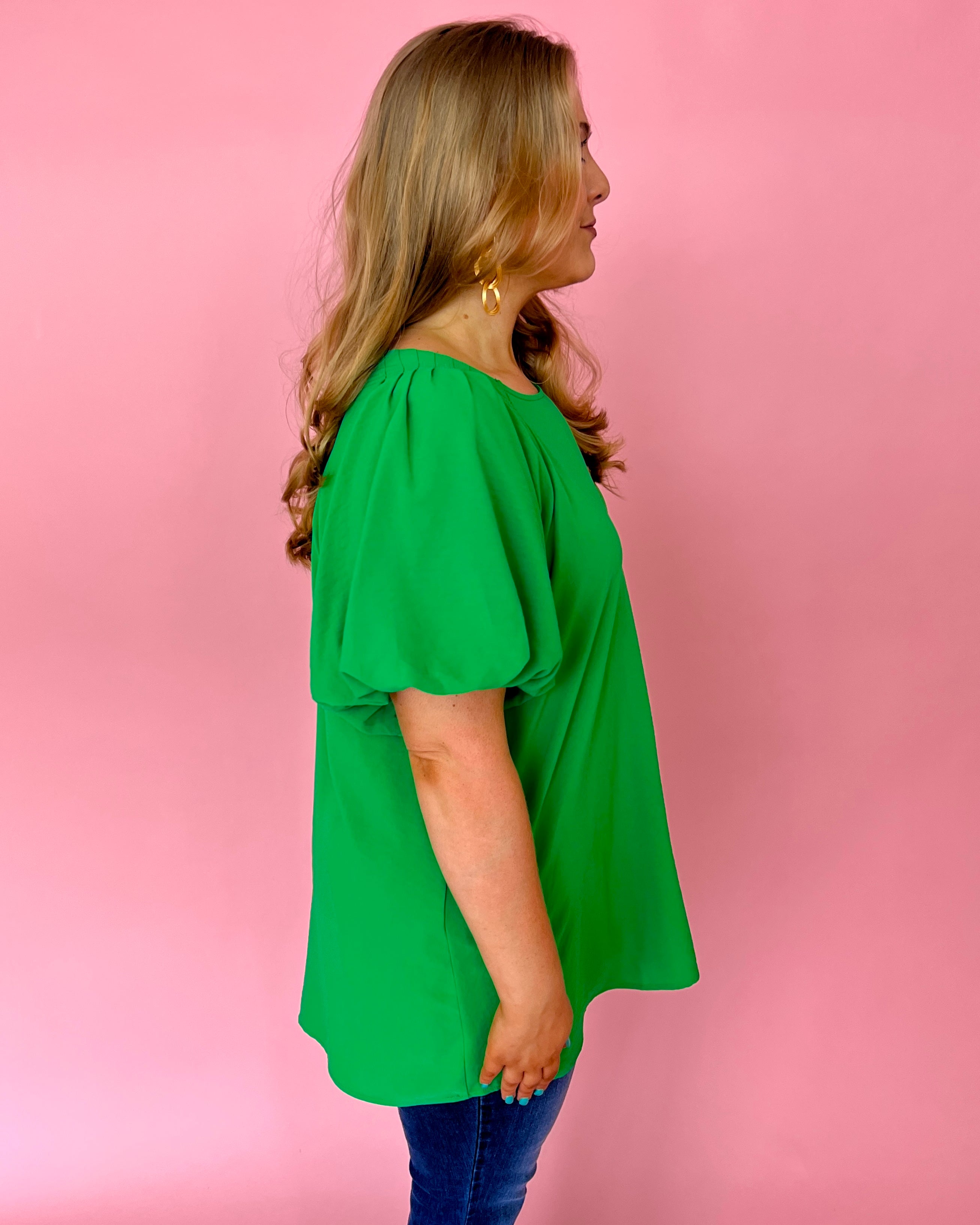 My Dearest Darling Kelly Green Plus Puff Sleeve Round Neck Top-Shop-Womens-Boutique-Clothing